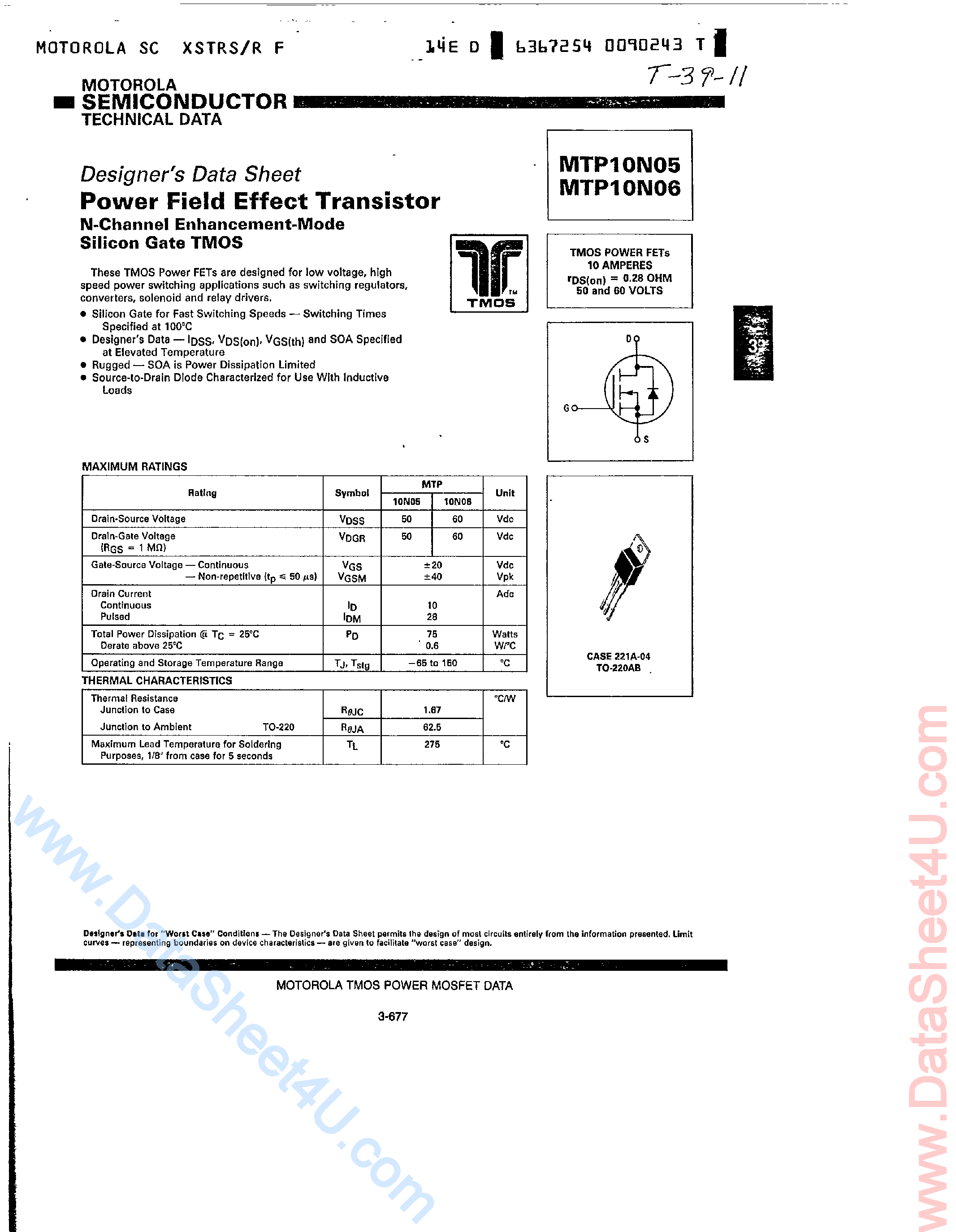 Datasheet MTP10N05 - (MTP10N05 / MTP10N06) N-Channel Power MOSFETs page 1