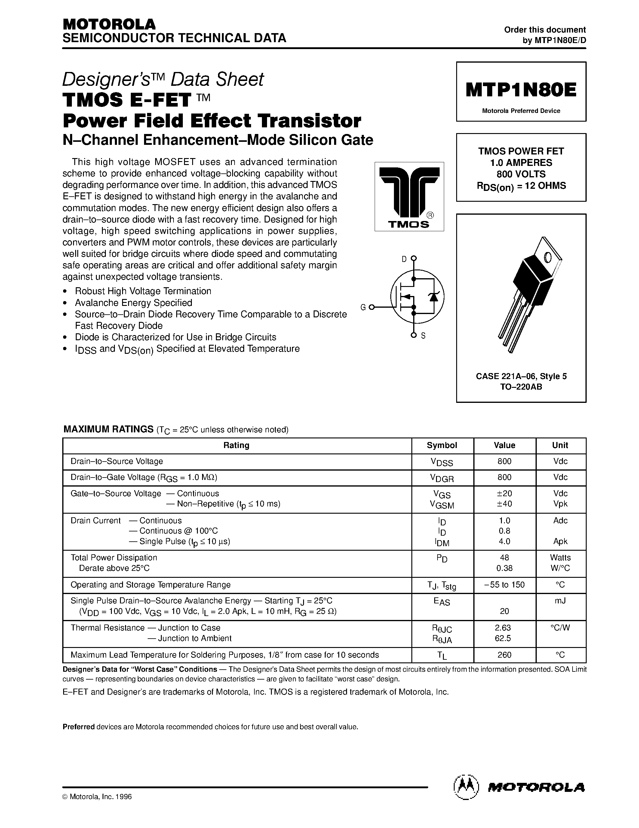 Datasheet MTP1N80E - TMOS POWER FET 1.0 AMPERES 800 VOLTS RDS(on) = 12 OHMS page 1
