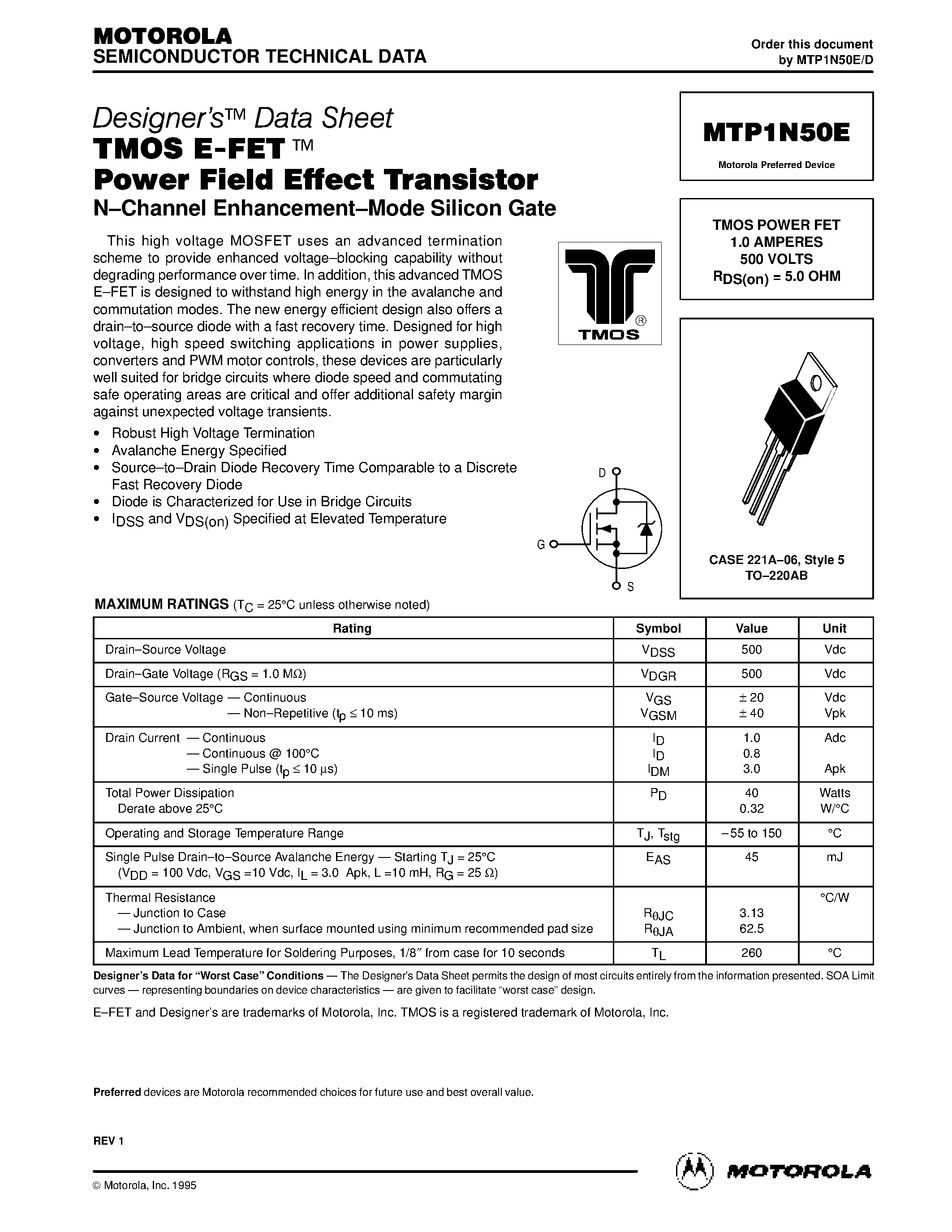 Datasheet MTP1N50E - TMOS POWER FET 1.0 AMPERES 500 VOLTS RDS(on) = 5.0 OHM page 1
