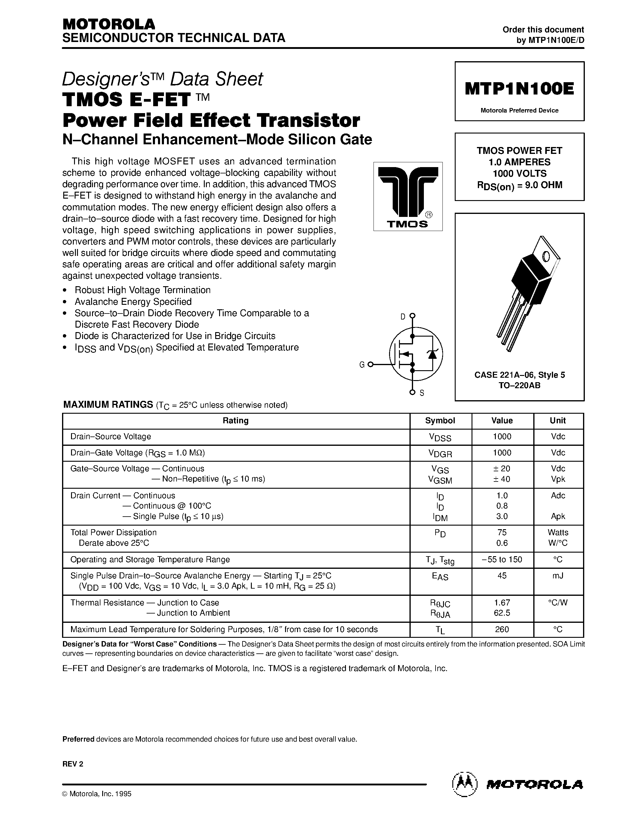 Datasheet MTP1N100E - TMOS POWER FET 1.0 AMPERES 1000 VOLTS RDS(on) = 9.0 OHM page 1
