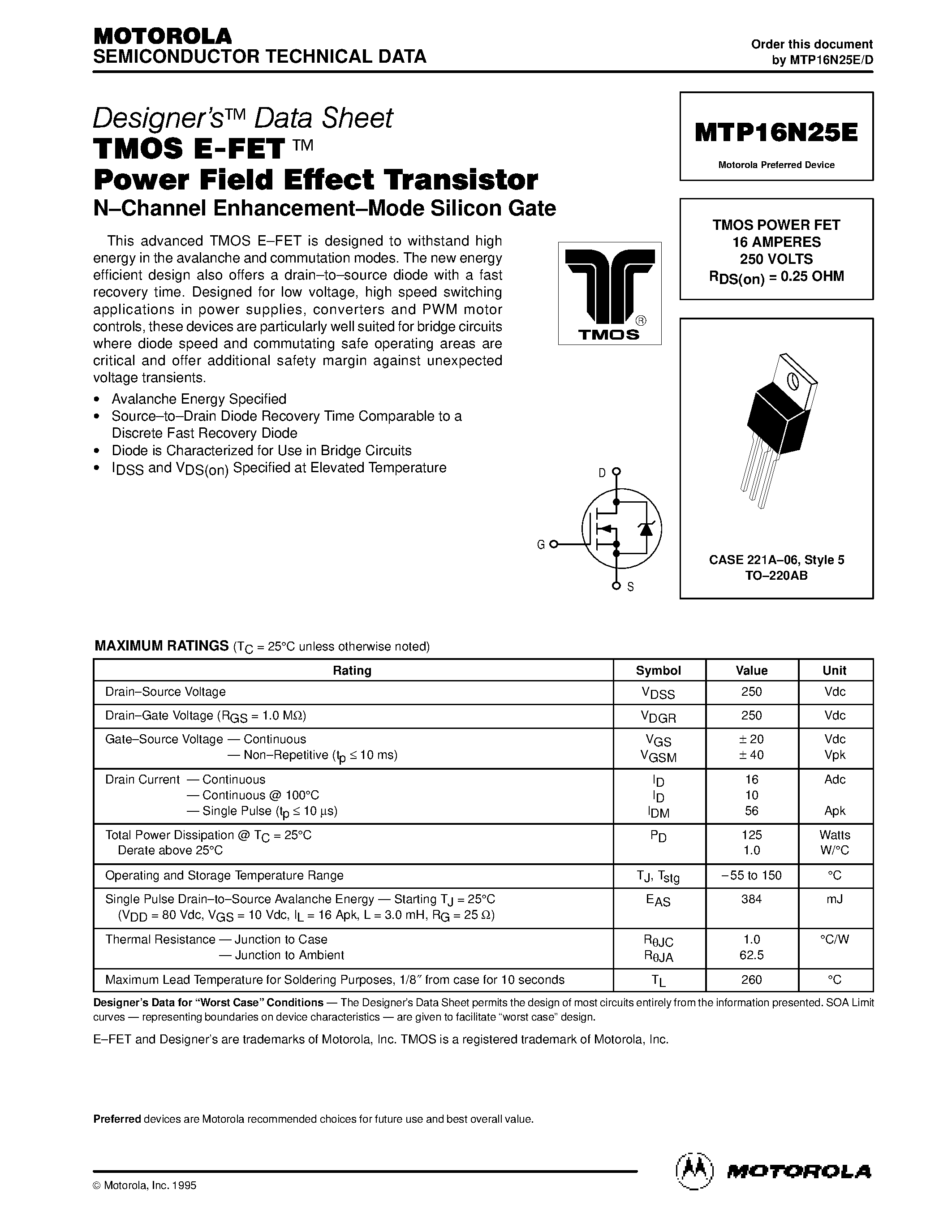 Datasheet MTP16N25E - TMOS POWER FET 16 AMPERES 250 VOLTS RDS(on) = 0.25 OHM page 1