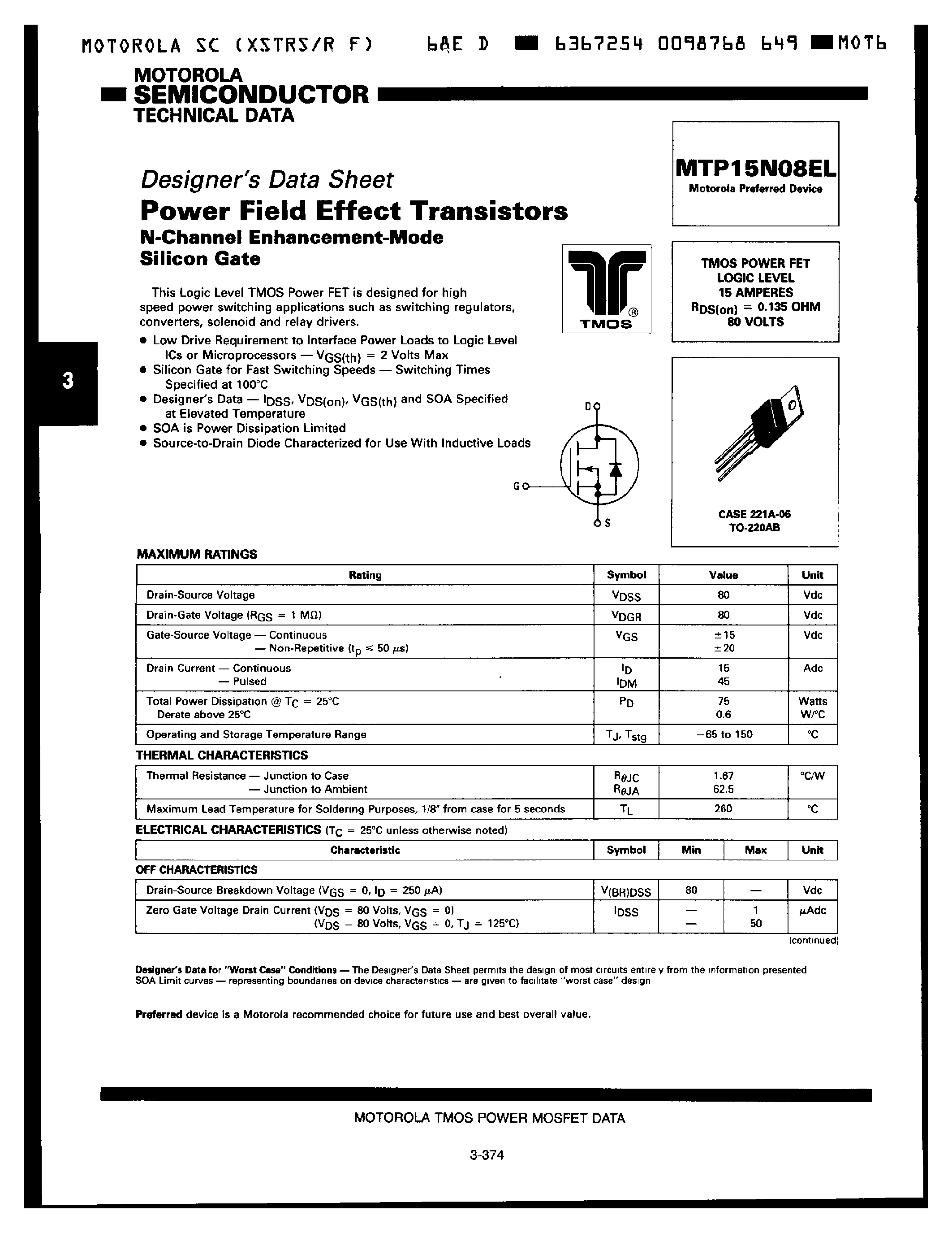 Datasheet MTP15N08EL - N-CHANNEL ENHANCEMENT-MODE SILICON GATE page 1