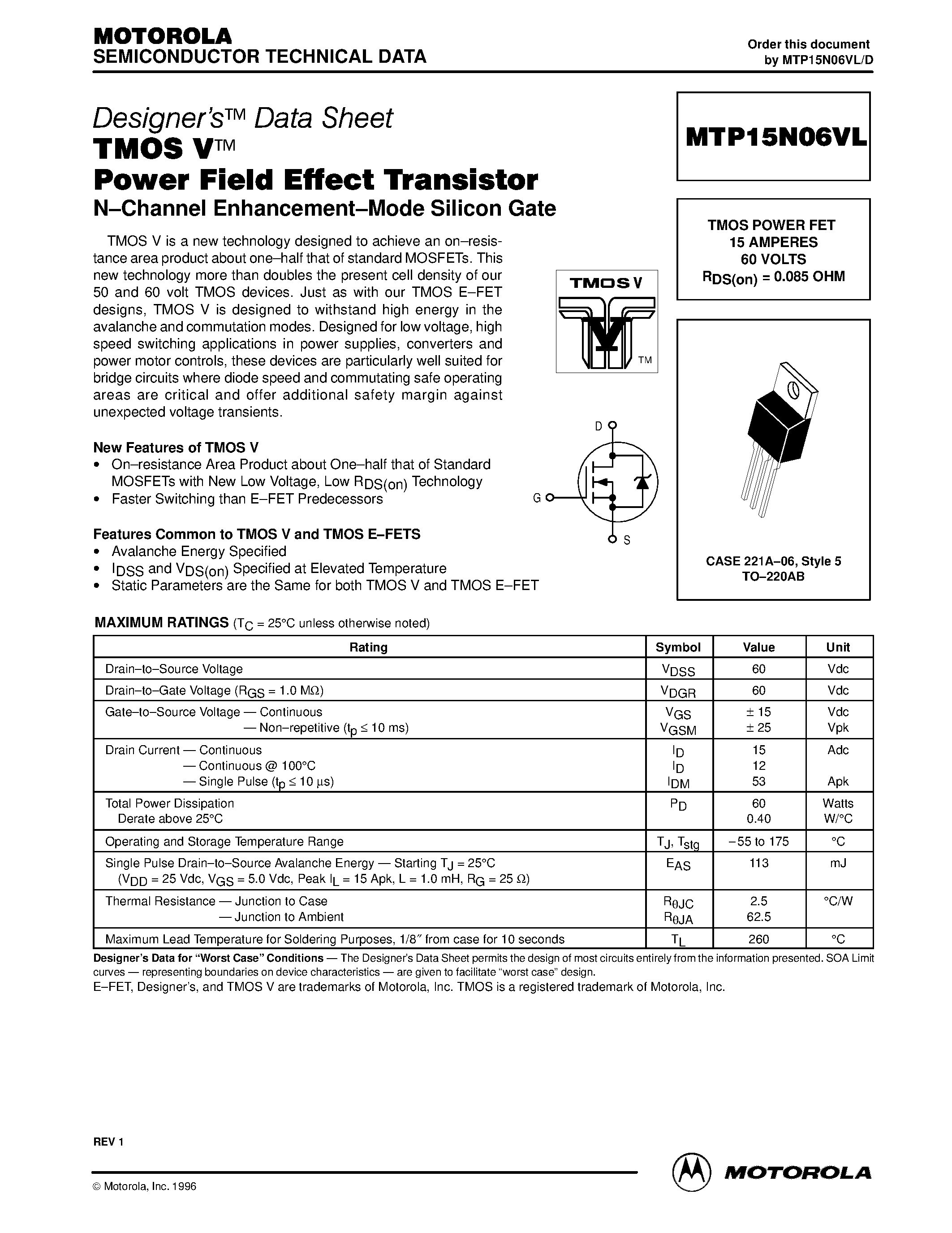 Datasheet MTP15N06VL - TMOS POWER FET 15 AMPERES 60 VOLTS RDS(on) = 0.085 OHM page 1