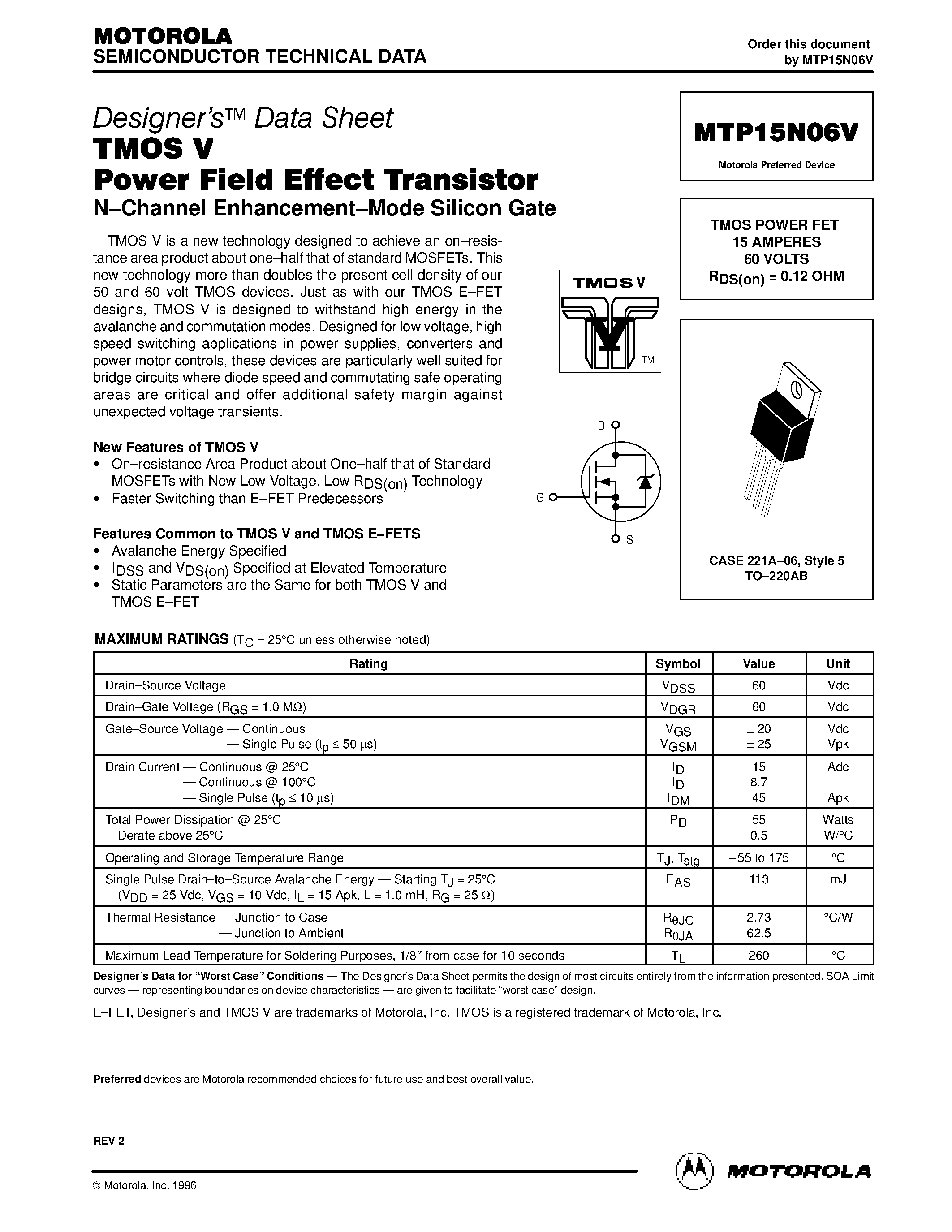Datasheet MTP15N06V - TMOS POWER FET 15 AMPERES 60 VOLTS RDS(on) = 0.12 OHM page 1