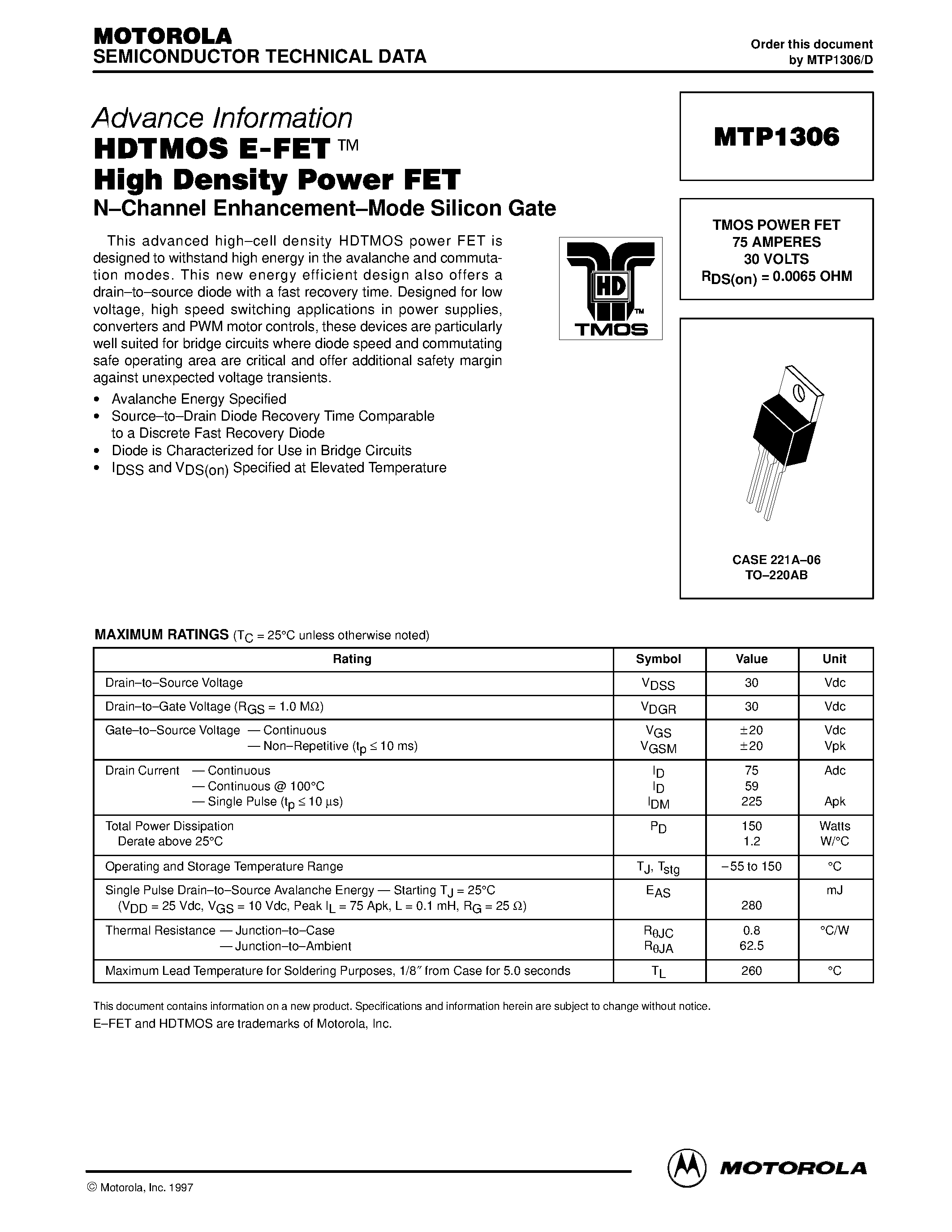 Datasheet MTP1306 - TMOS POWER FET 75 AMPERES 30 VOLTS RDS(on) = 0.0065 OHM page 1