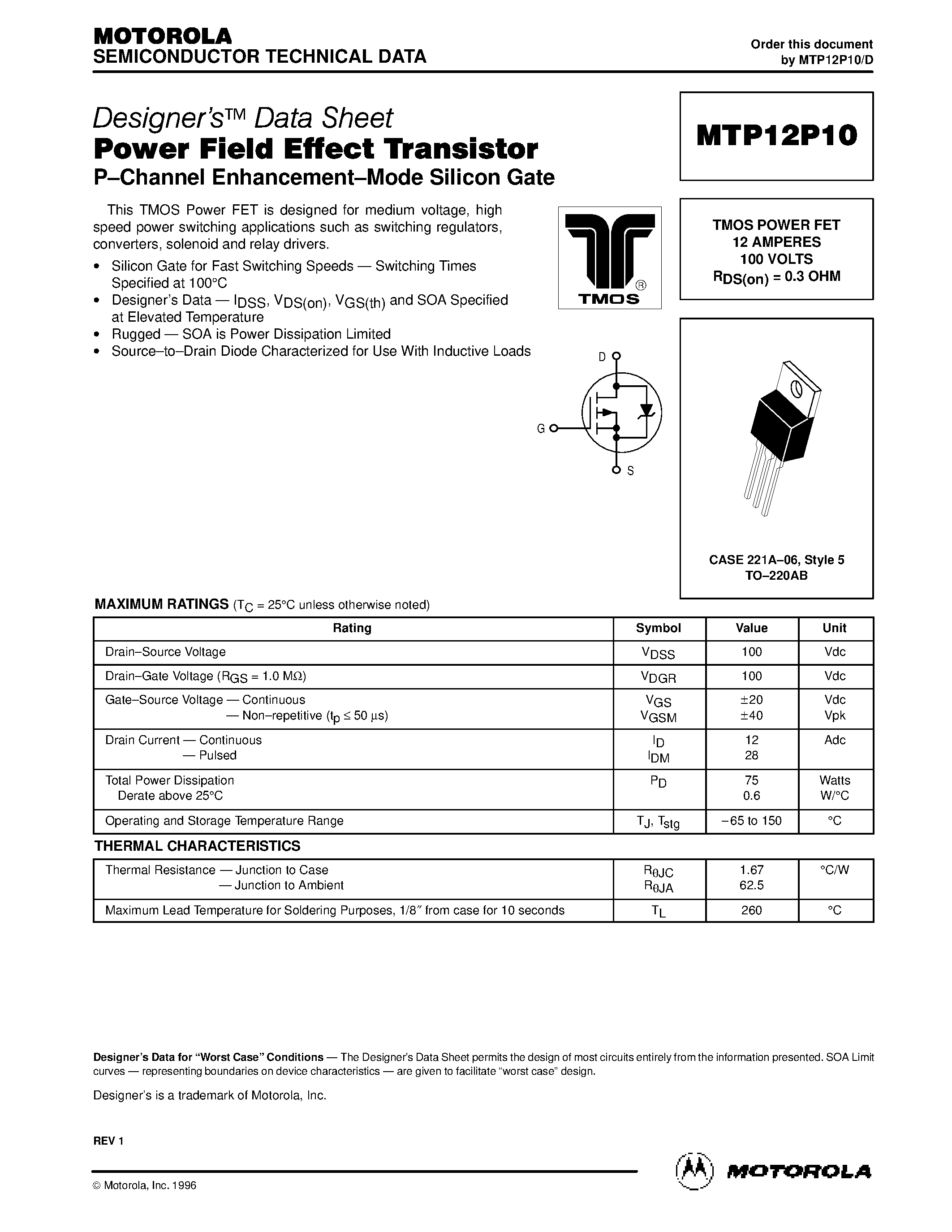 Datasheet MTP12P10 - TMOS POWER FET 12 AMPERES 100 VOLTS RDS(on) = 0.3 OHM page 1