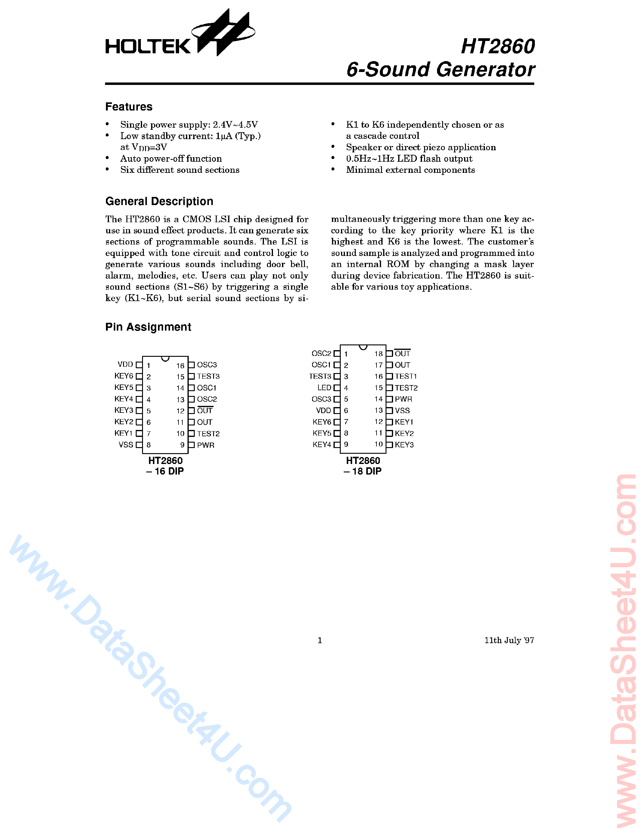 Datasheet HT2860 - 6-Sound Generator page 1