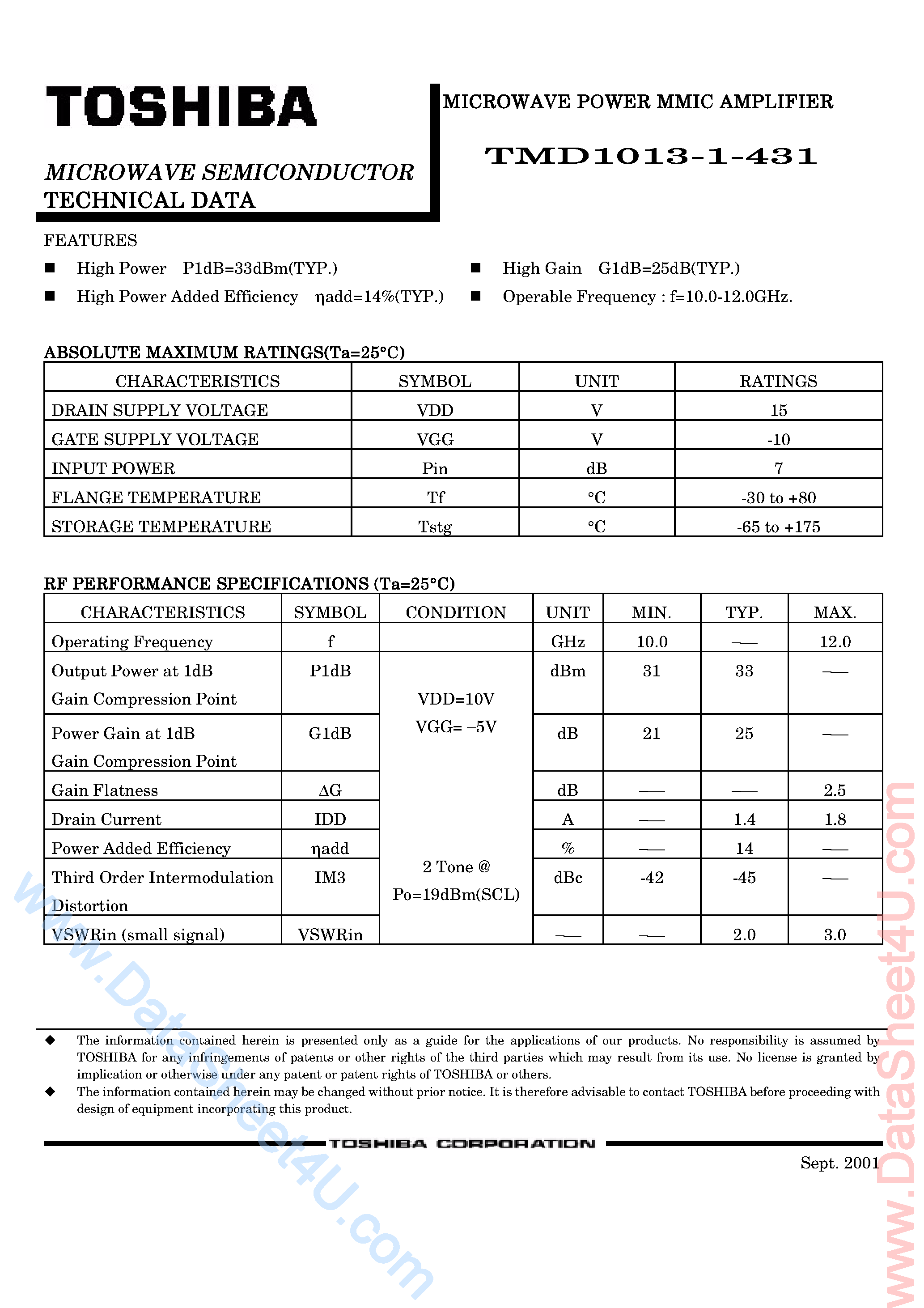 Даташит TMD1013-1-431 - Microwave Power MMIC Amplifier страница 1