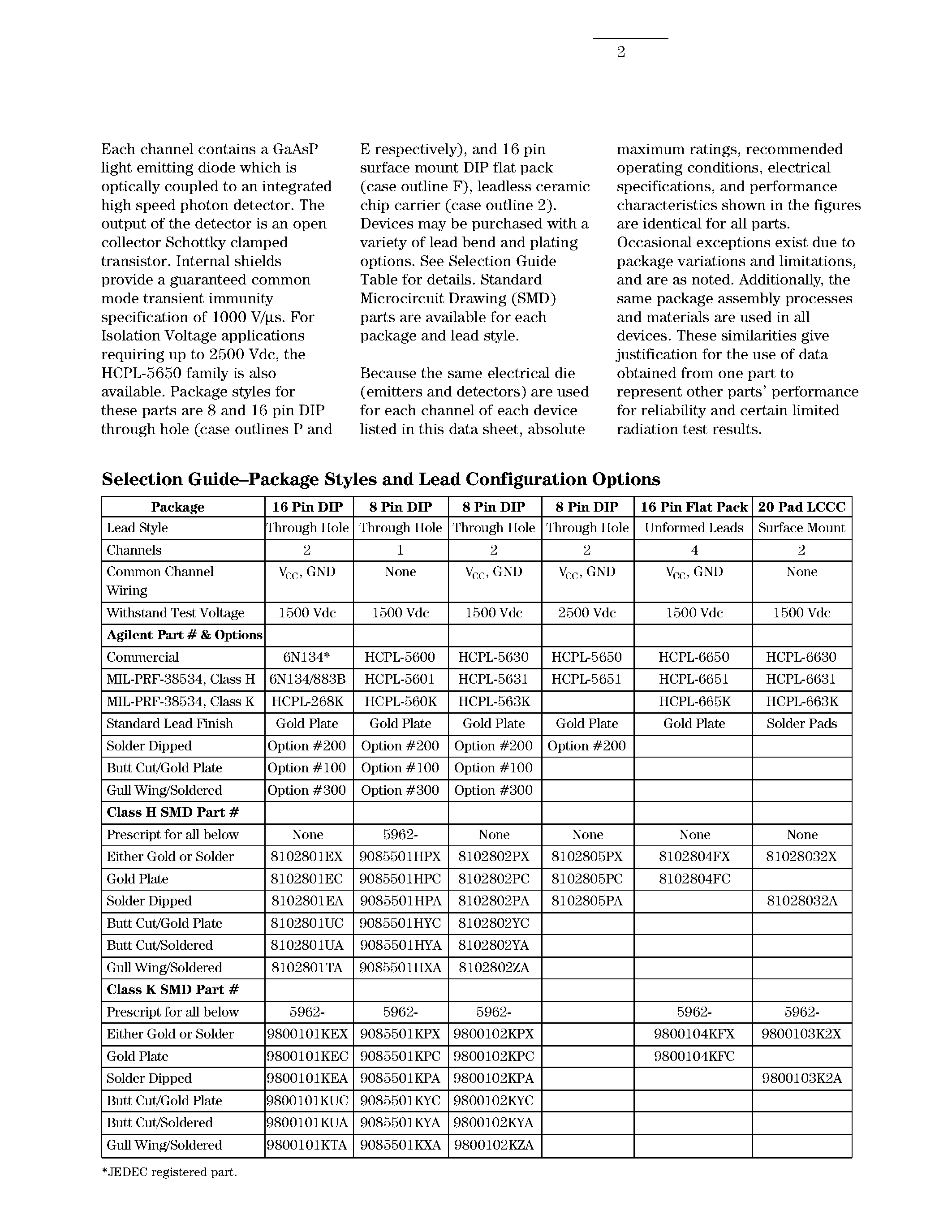 Datasheet HCPL-268K page 2 Datasheet HCPL-268K - (HCPL-xxxx) Hermetically Sealed / High Speed / High CMR / Logic Gate Optocouplers page 2
