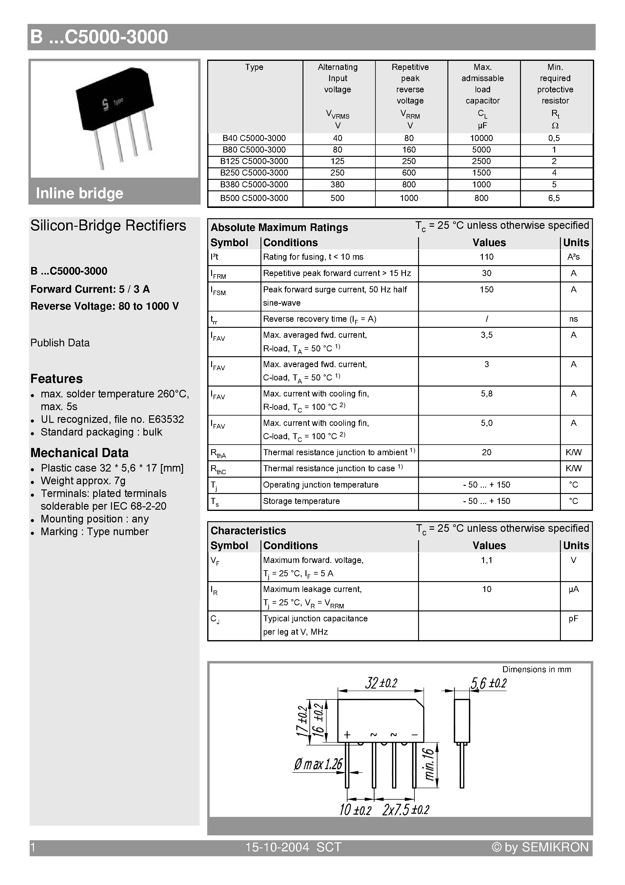 Datasheet B500C5000-3000 page 1 Datasheet B500C5000-3000 - Silicon-Bridge Rectifiers page 1