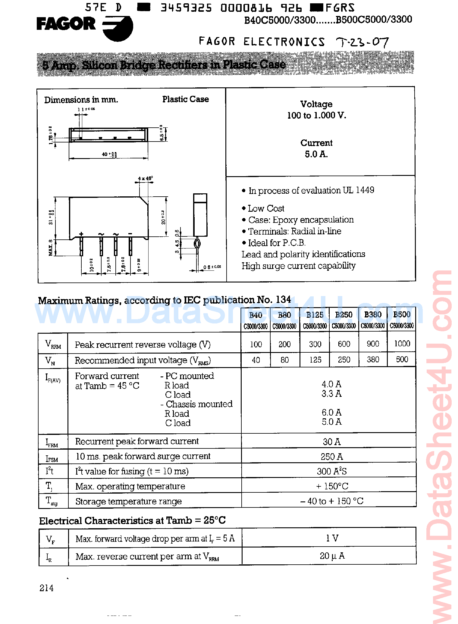 Datasheet B500C5000-3300 page 1 Datasheet B500C5000-3300 - Silicon-Bridge Rectifiers page 1