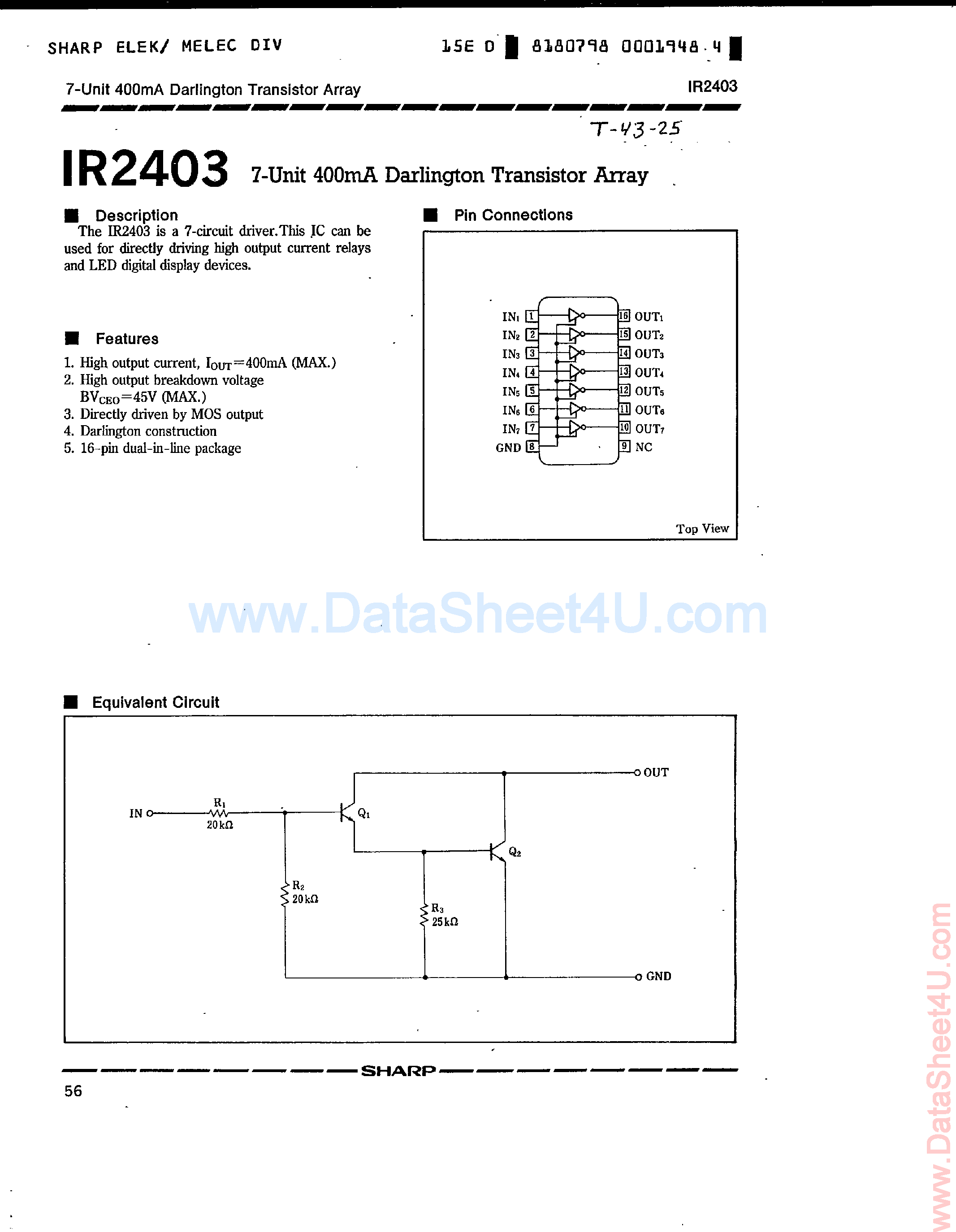 Datasheet IR2403 page 1 Datasheet IR2403 - 7-UNIT 400MA DARLINGTON TRANSISTOR ARRAY page 1