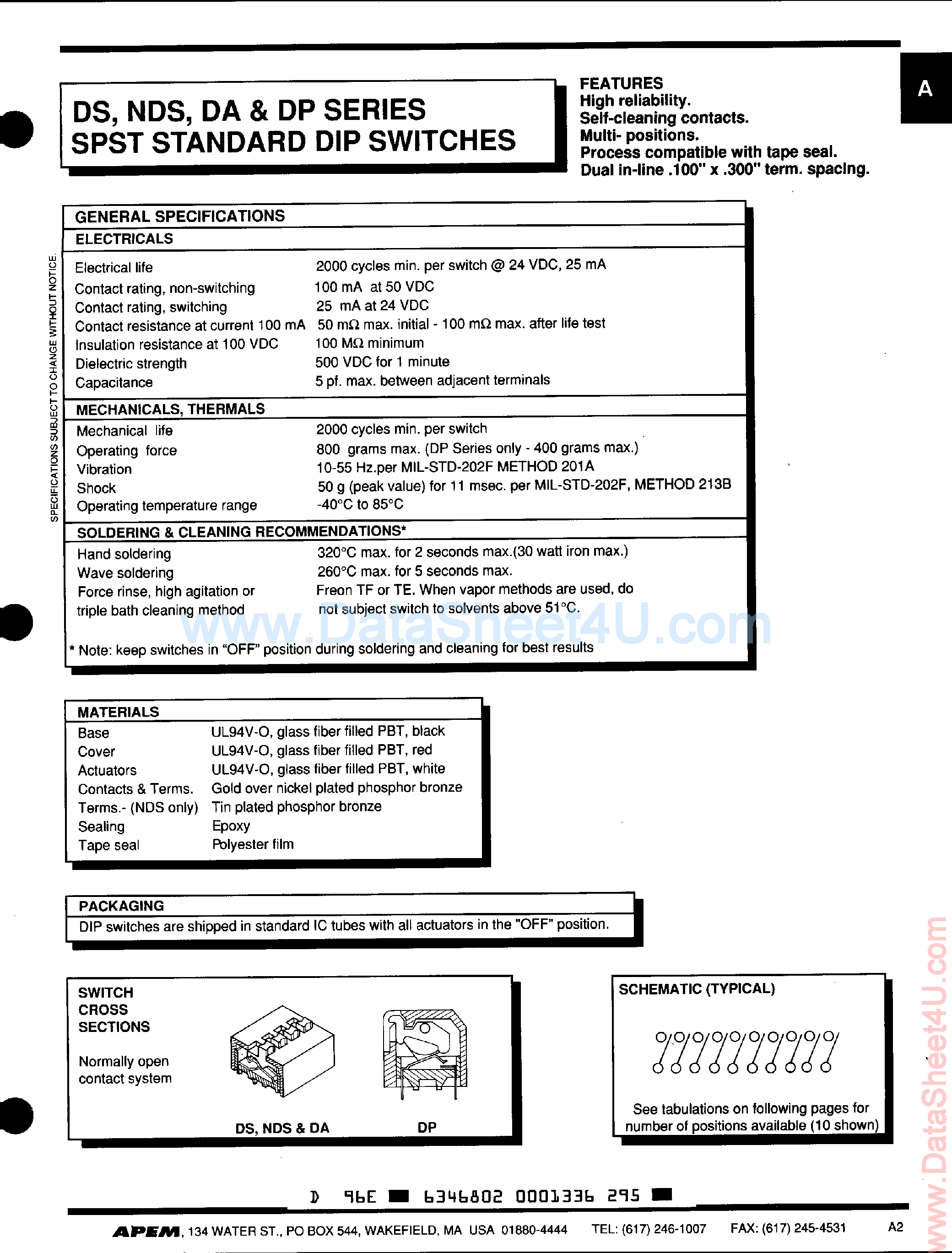 Даташит DS04 - (DS0x) SPST Standard DIP Switches страница 1