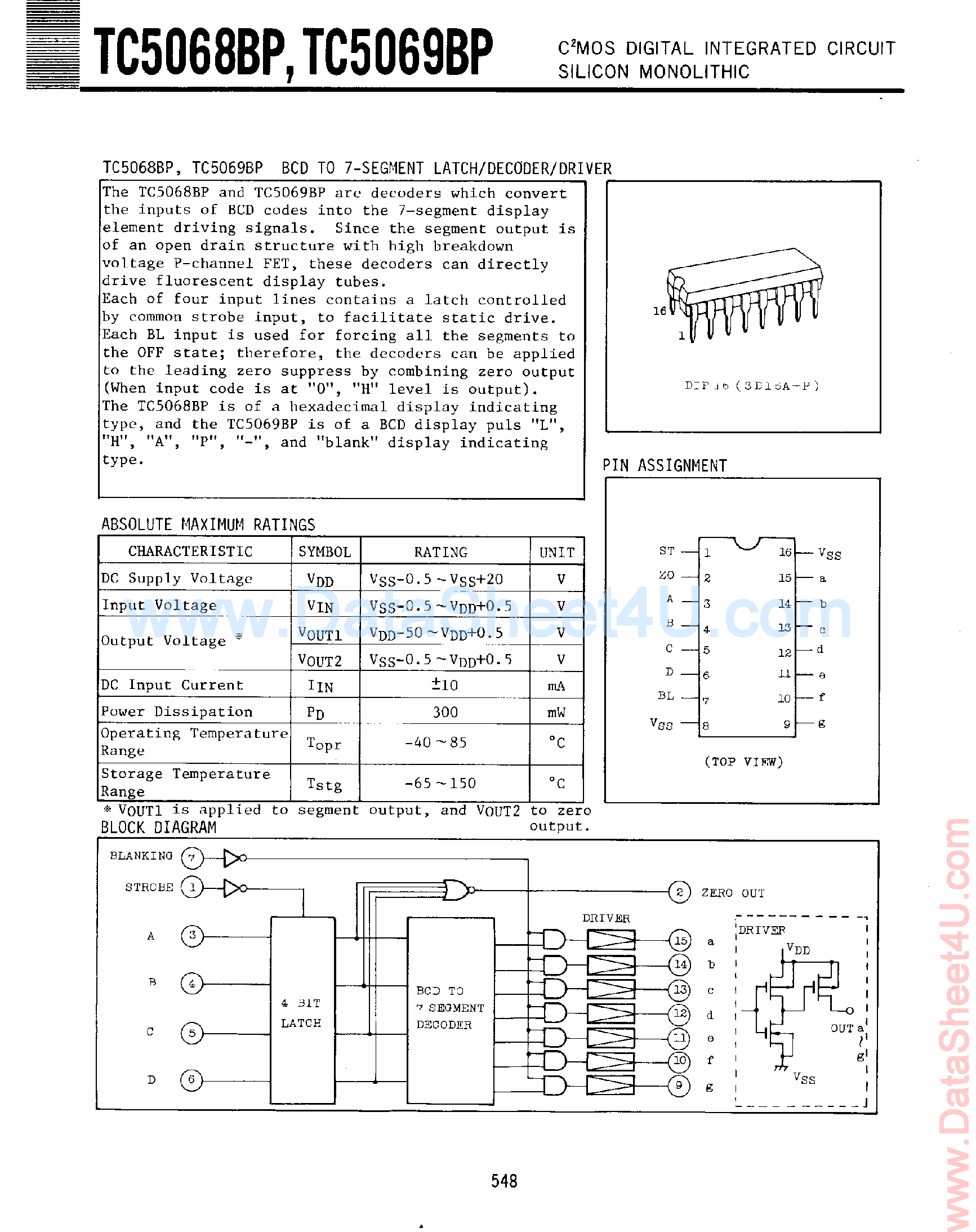 Даташит TC5068BP - (TC5068BP / TC5069BP) BCD to 7-Segment Latch / Decoder / Driver страница 1