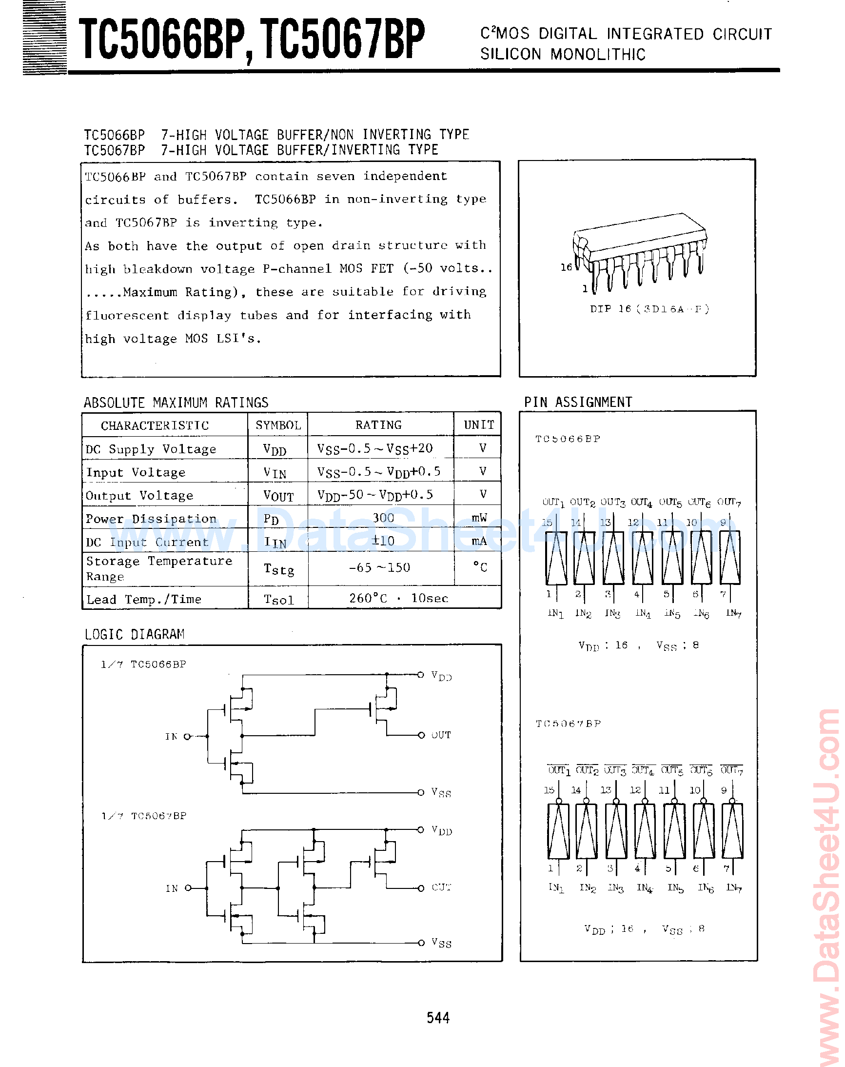 Даташит TC5066BP - (TC5066BP / TC5067BP) 7-High Voltage Buffer страница 1