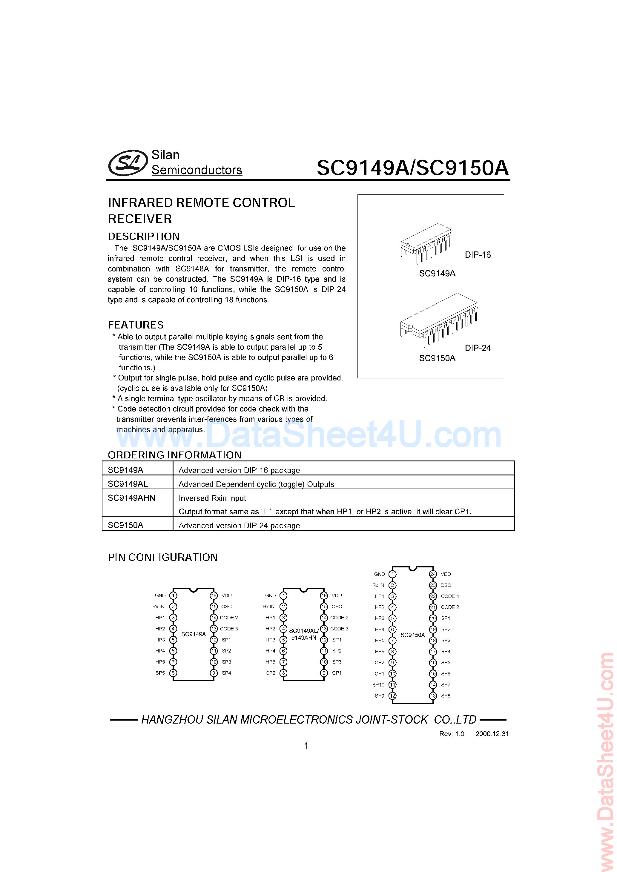 Datasheet SC9149A - (SC9149A / SC9150A) 6.0V infrared remote control receiver page 1