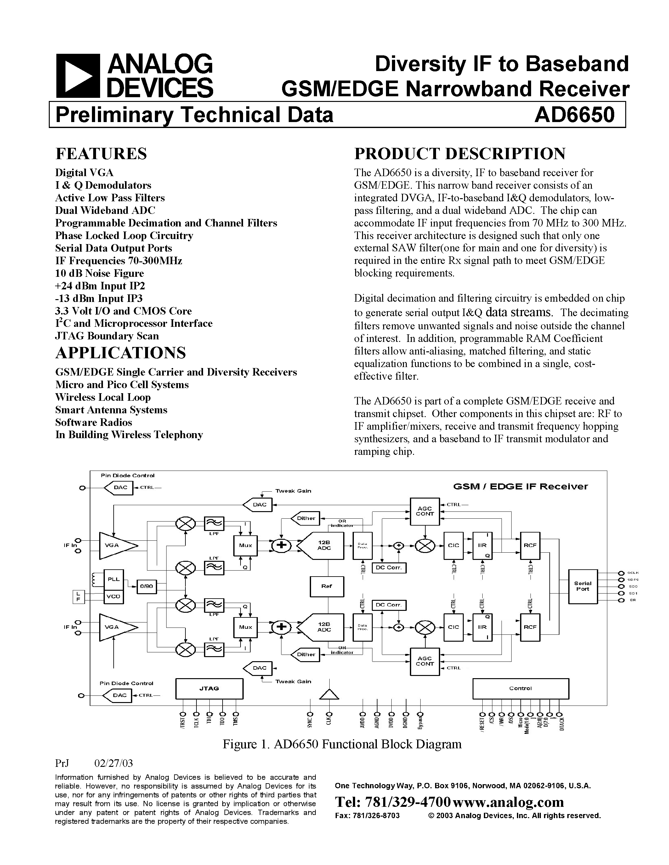 Datasheet AD6650 page 1 Datasheet AD6650 - Diversity IF to Baseband GSM/EDGE Narrowband Receiver page 1