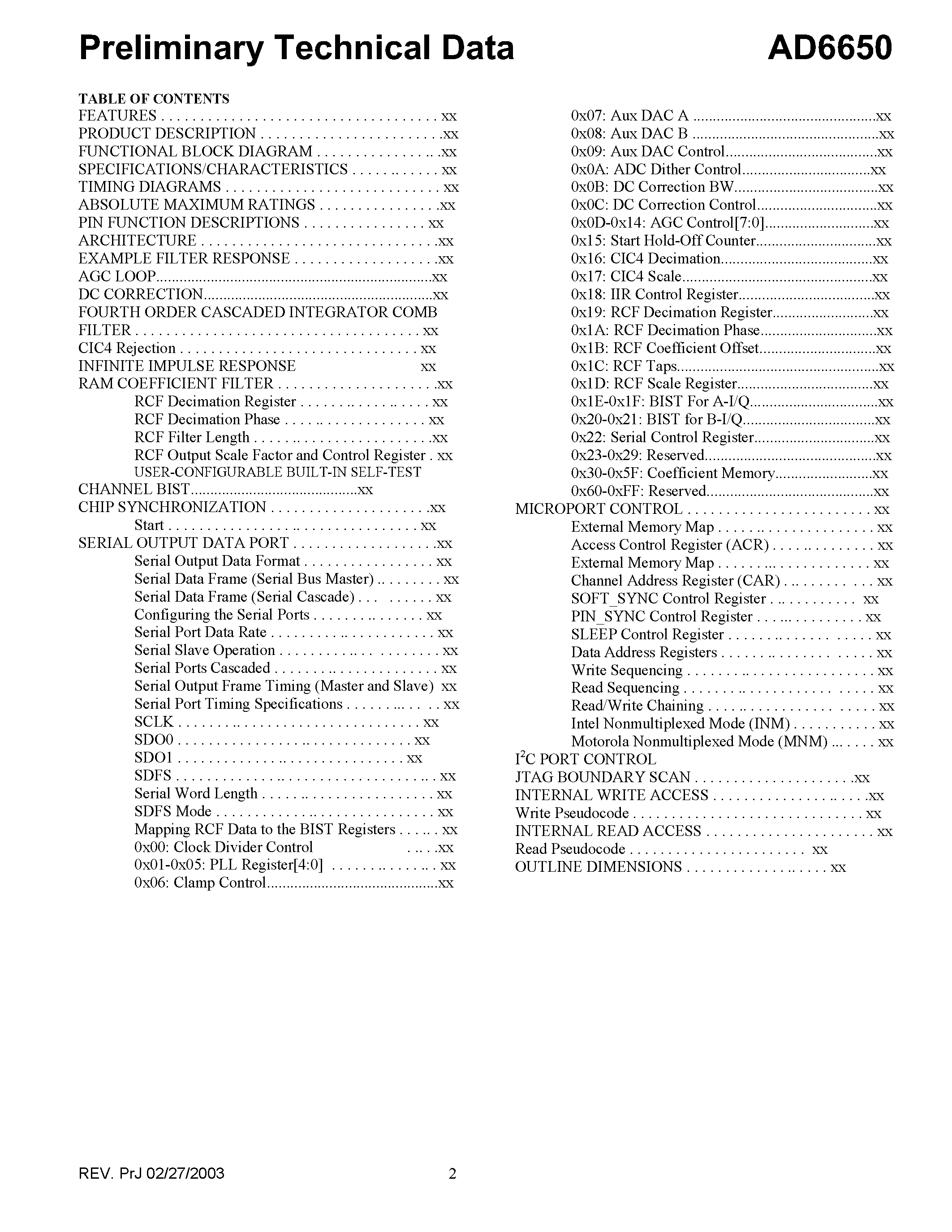 Datasheet AD6650 page 2 Datasheet AD6650 - Diversity IF to Baseband GSM/EDGE Narrowband Receiver page 2