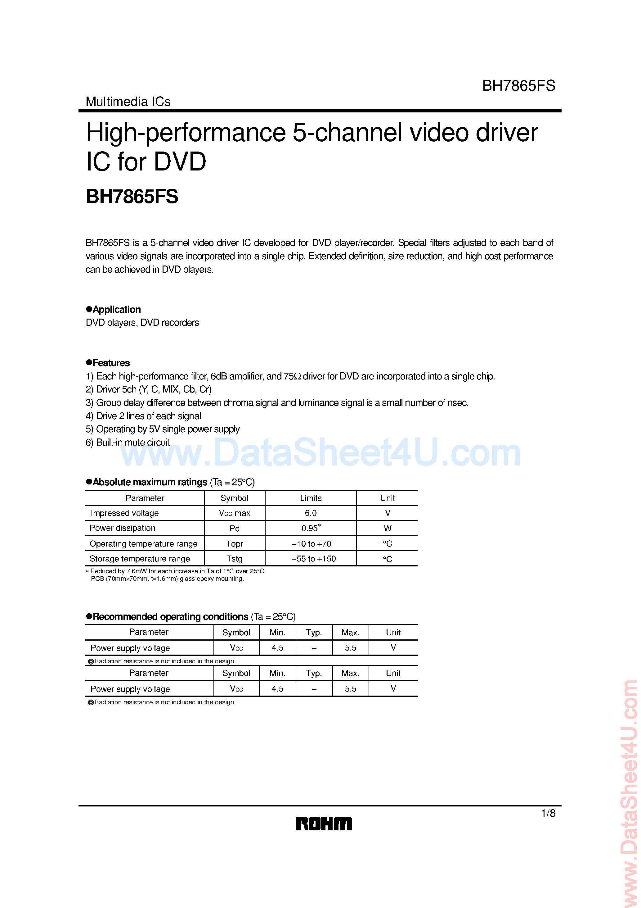 Datasheet BH7865FS - High Performance 5-Channel Video Driver IC page 1