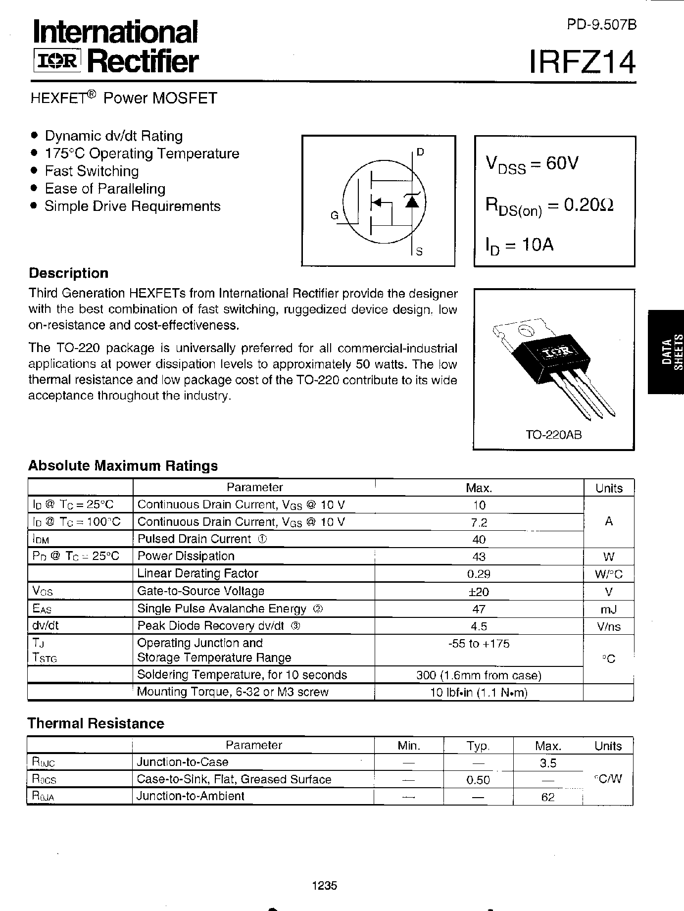 Datasheet IRFZ14 - HEXFET Power MOSFET page 1