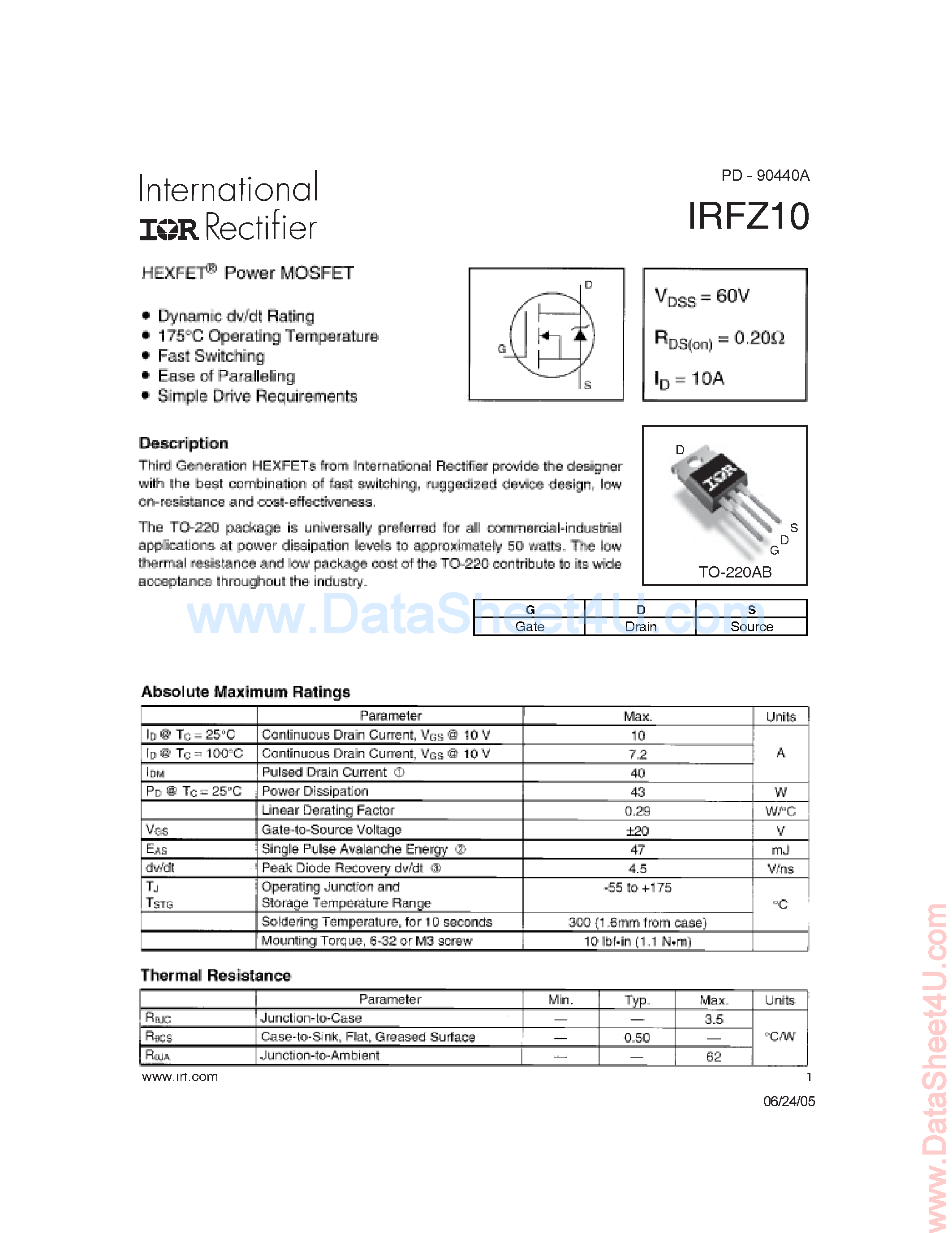 Datasheet IRFZ10 - HEXFET Power MOSFET page 1
