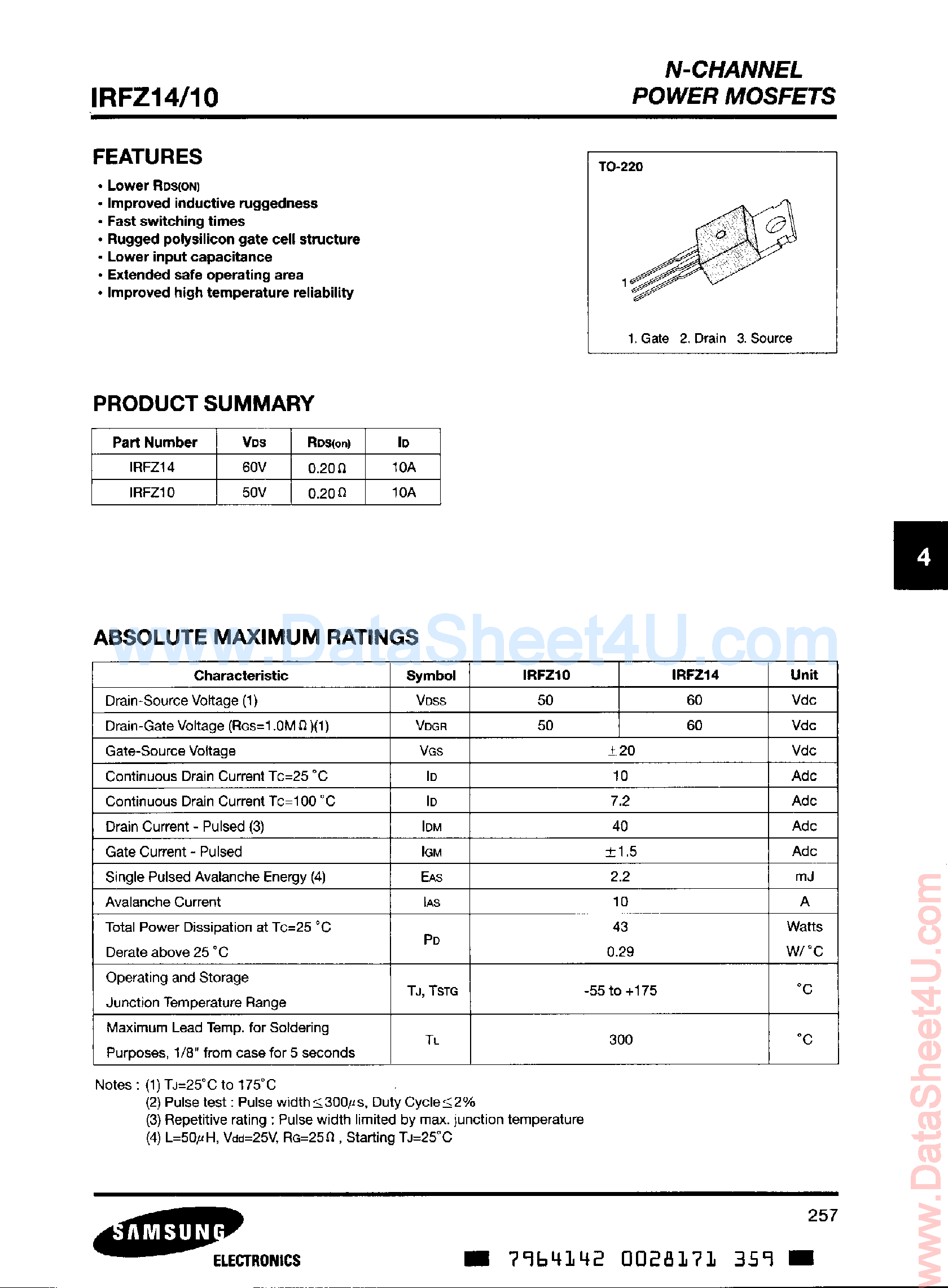 Datasheet IRFZ10 - (IRFZ10 / IRFZ14) N-Channel Power MOSFET page 1