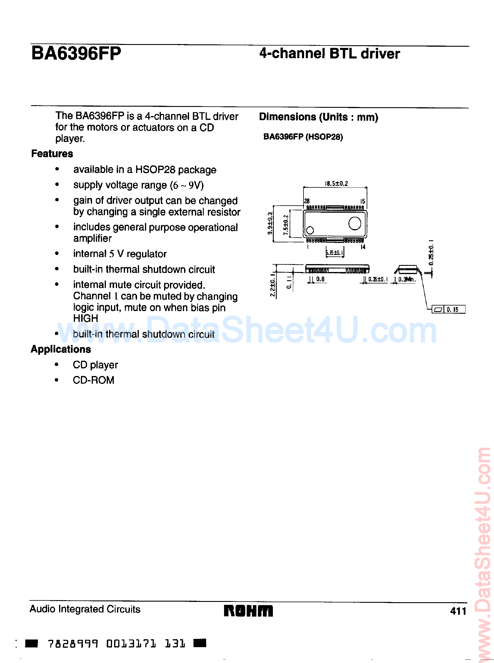 Datasheet BA6396FP - 4-Channel BTL Driver page 1