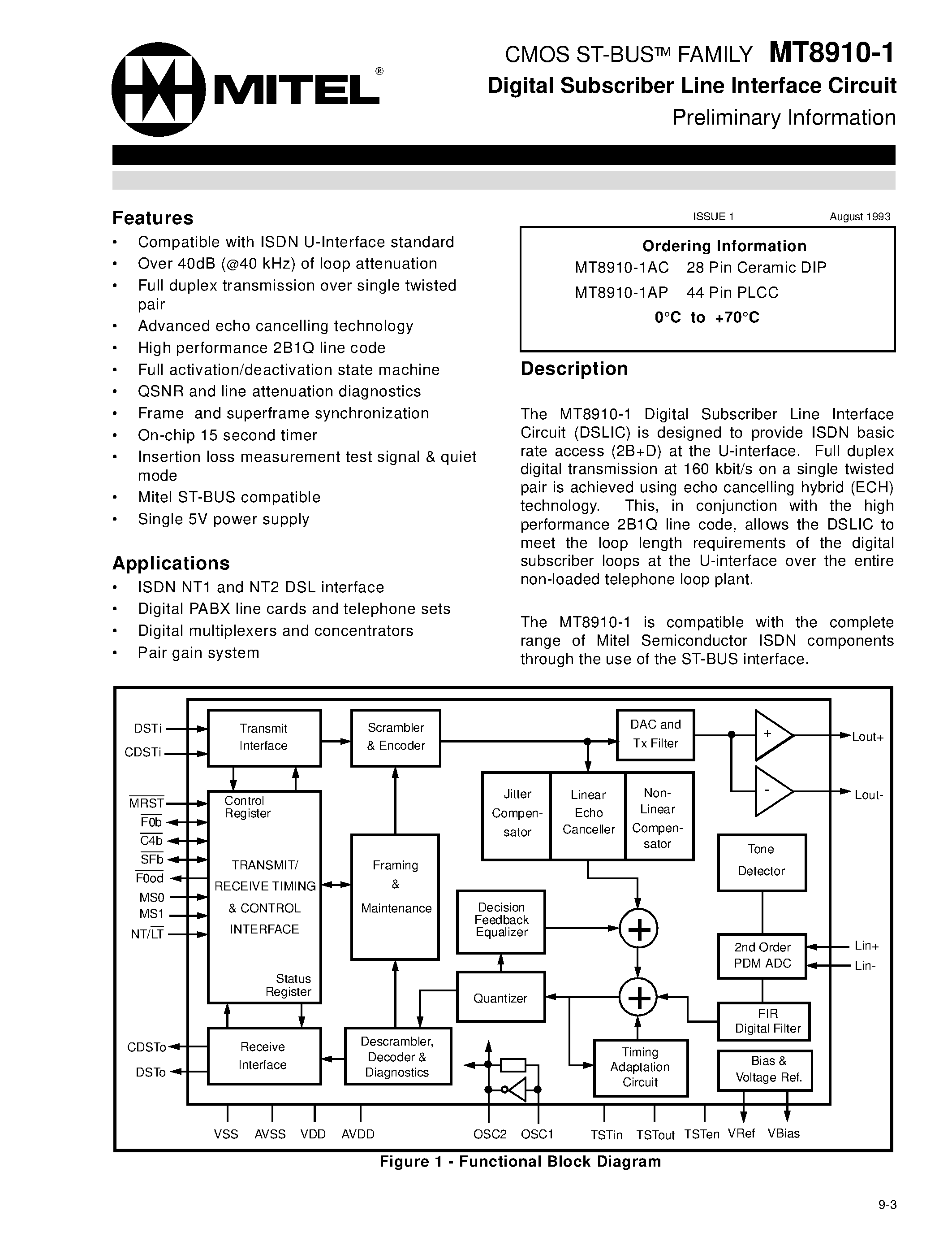 Datasheet MT8910-1 page 1 Datasheet MT8910-1 - CMOS ST-BUS FAMILY Digital Subscriber Line Interface Circuit page 1