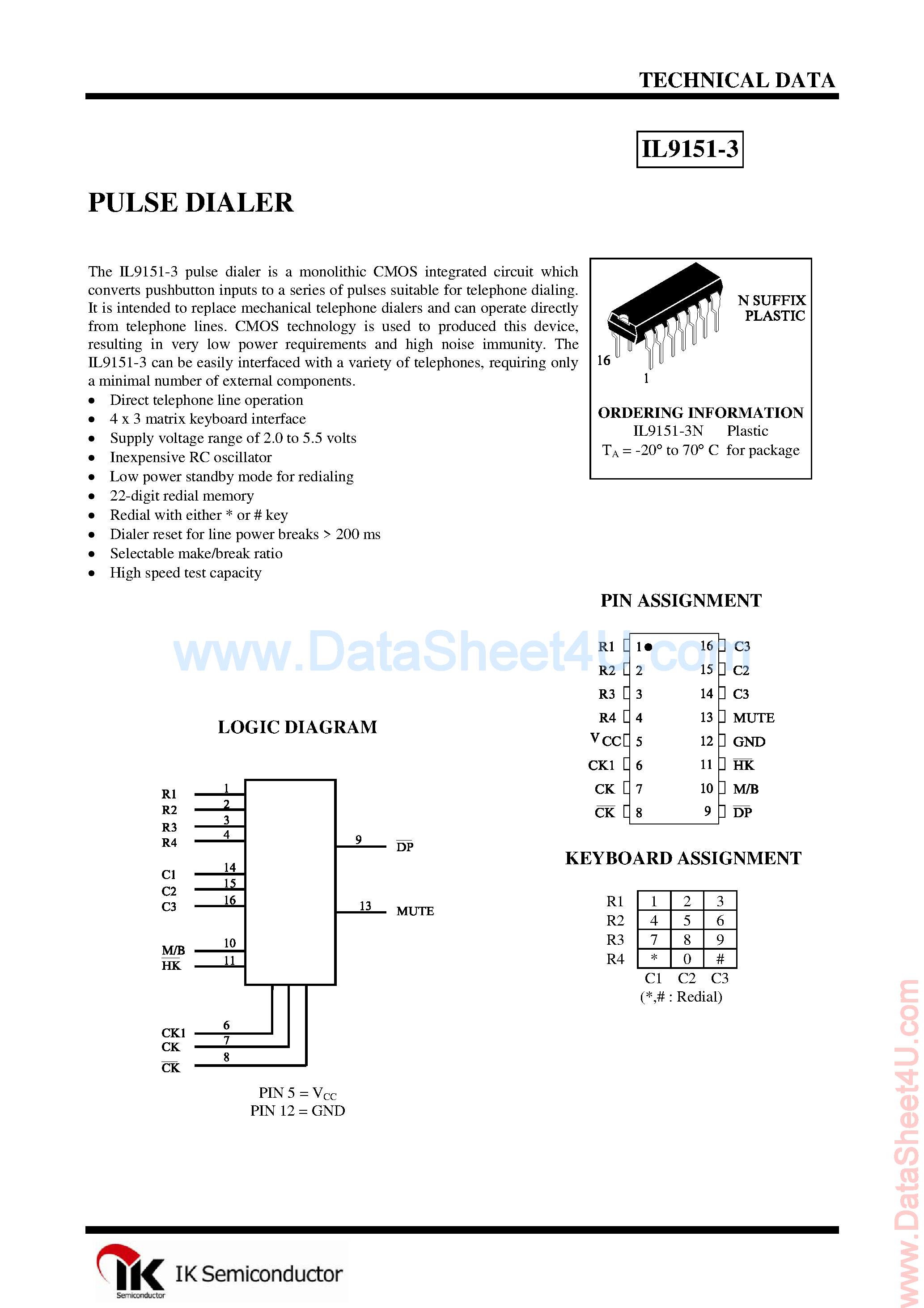 Datasheet IL9151-3 - Pulse Dialer page 1