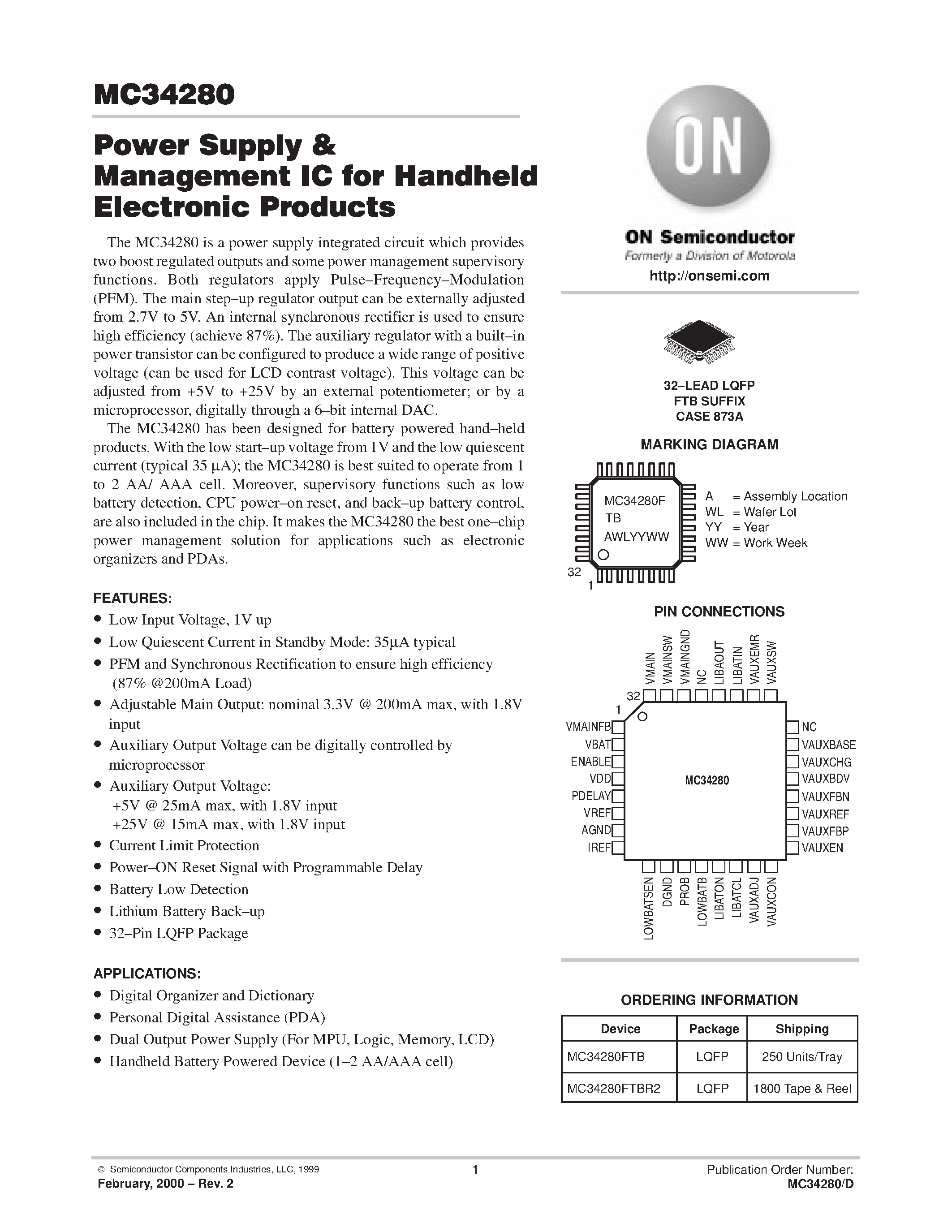 Datasheet MC34280 - Power Supply & Management IC for Handheld Electronic Products page 1