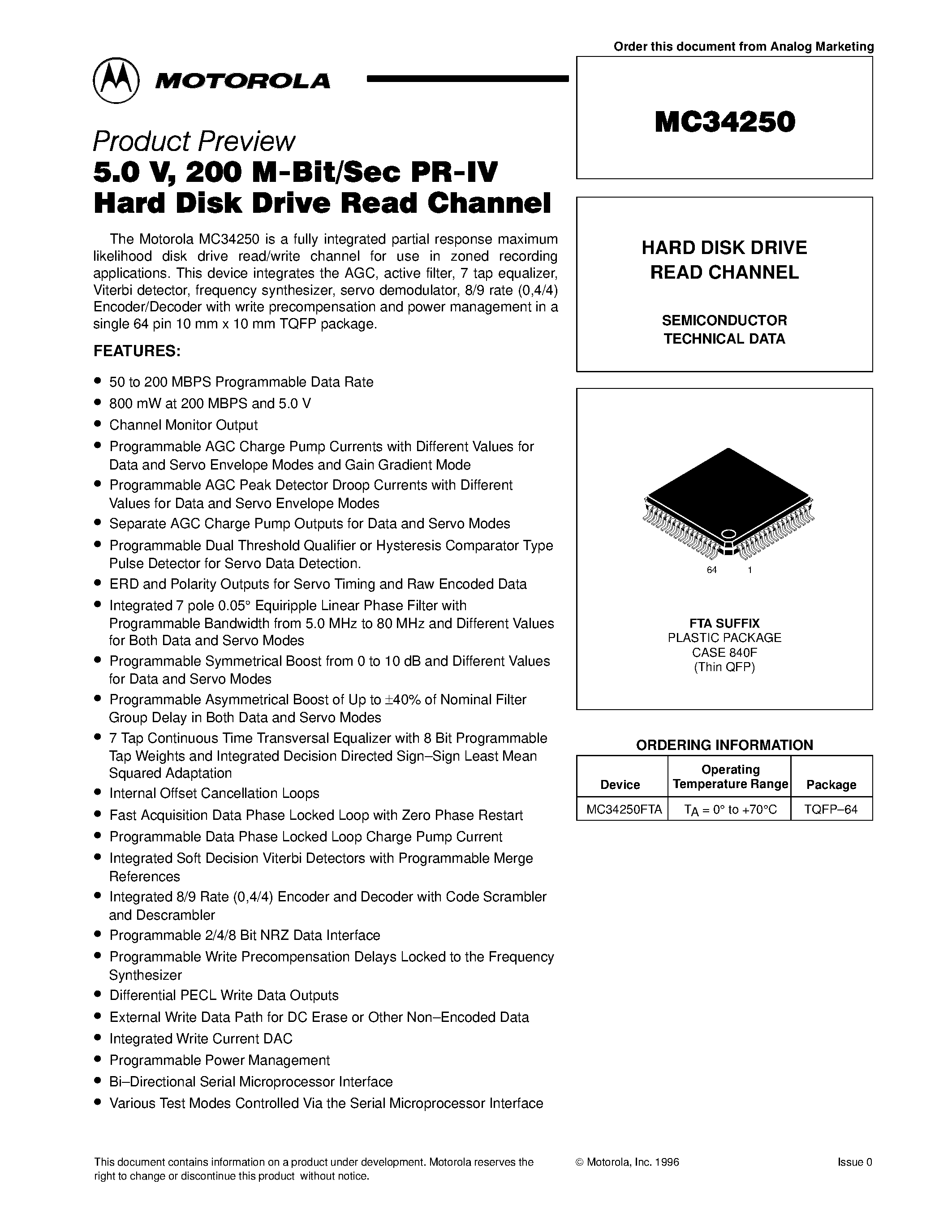 Datasheet MC34250 - HARD DISK DRIVE READ CHANNEL page 1