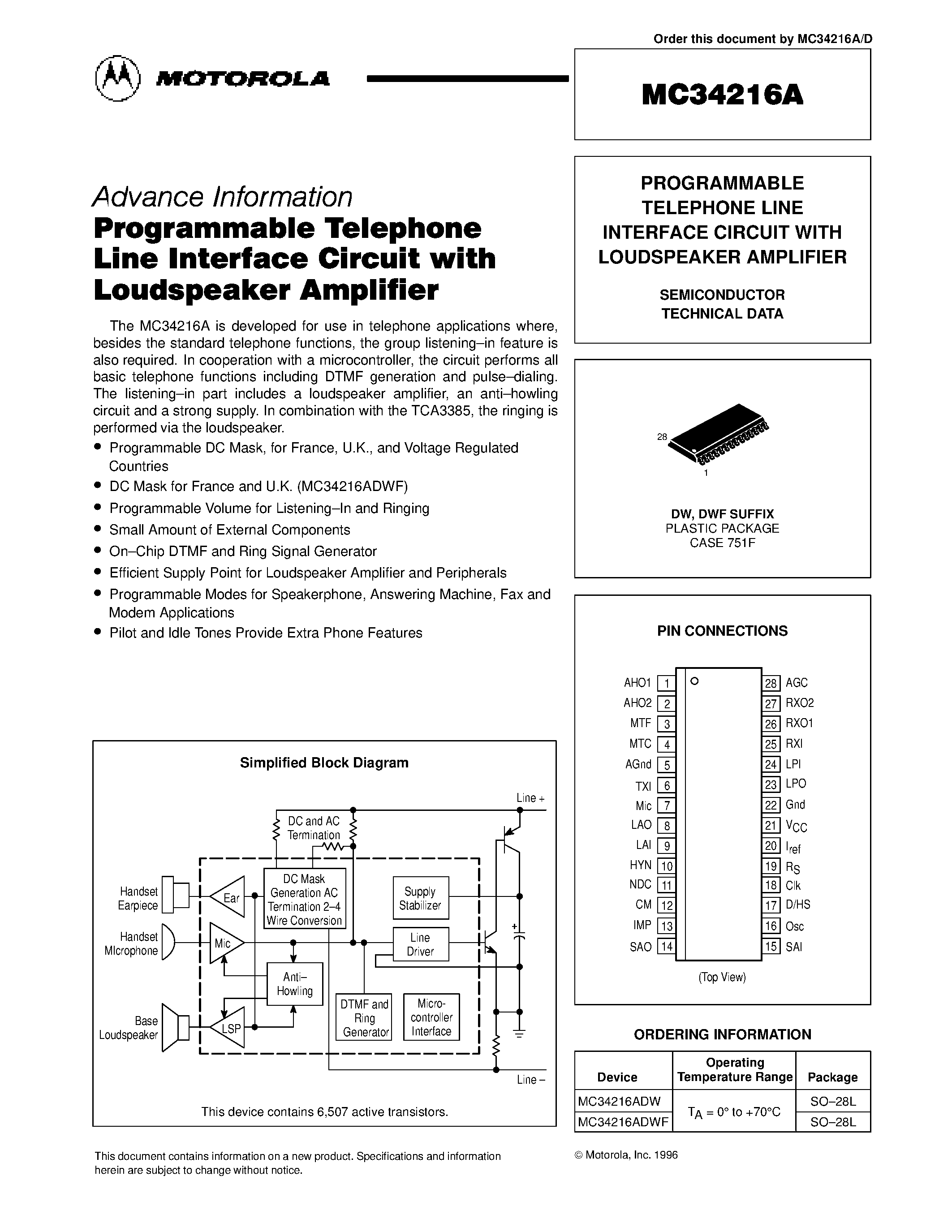 Datasheet MC34216A - PROGRAMMABLE TELEPHONE LINE INTERFACE CIRCUIT WITH LOUDSPEAKER AMPLIFIER page 1
