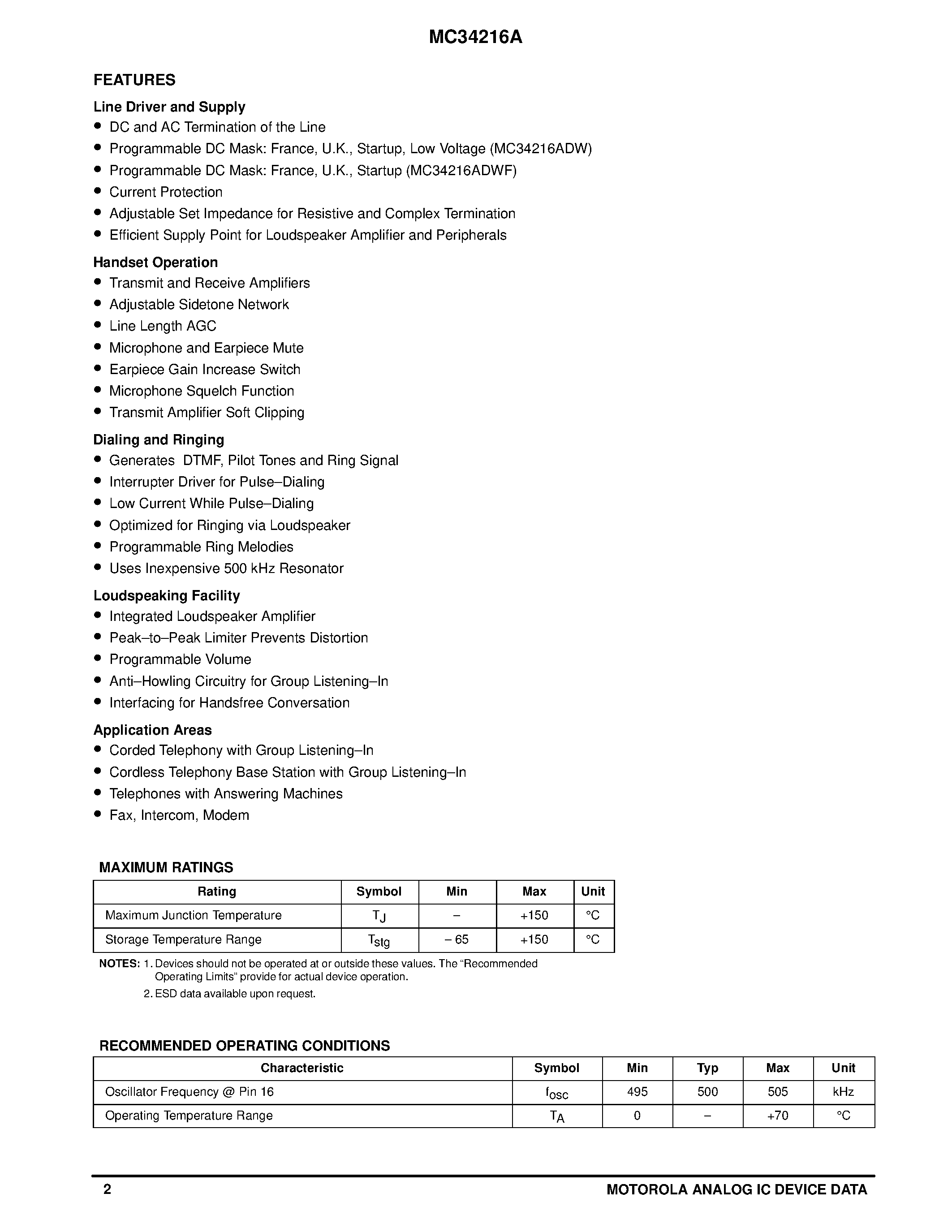 Datasheet MC34216A - PROGRAMMABLE TELEPHONE LINE INTERFACE CIRCUIT WITH LOUDSPEAKER AMPLIFIER page 2
