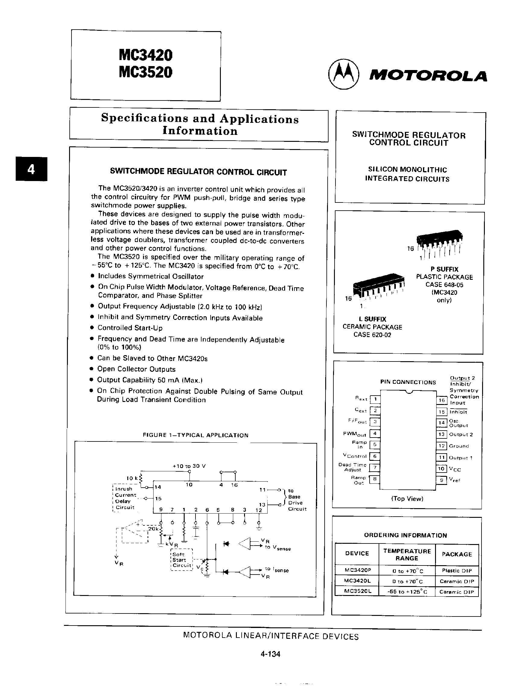 Даташит MC3420 - (MC3420 / MC3520) SWITCHMODE REGULATOR CONTROL CIRCUIT страница 1