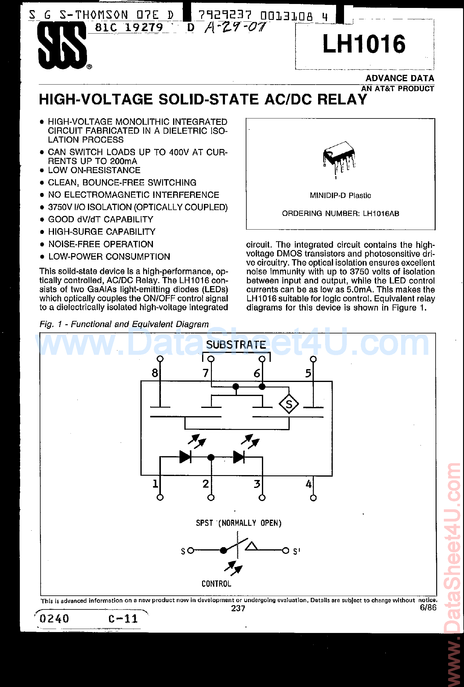 Даташит LH1016 - High Voltage Soild State AC/DC Relay страница 1