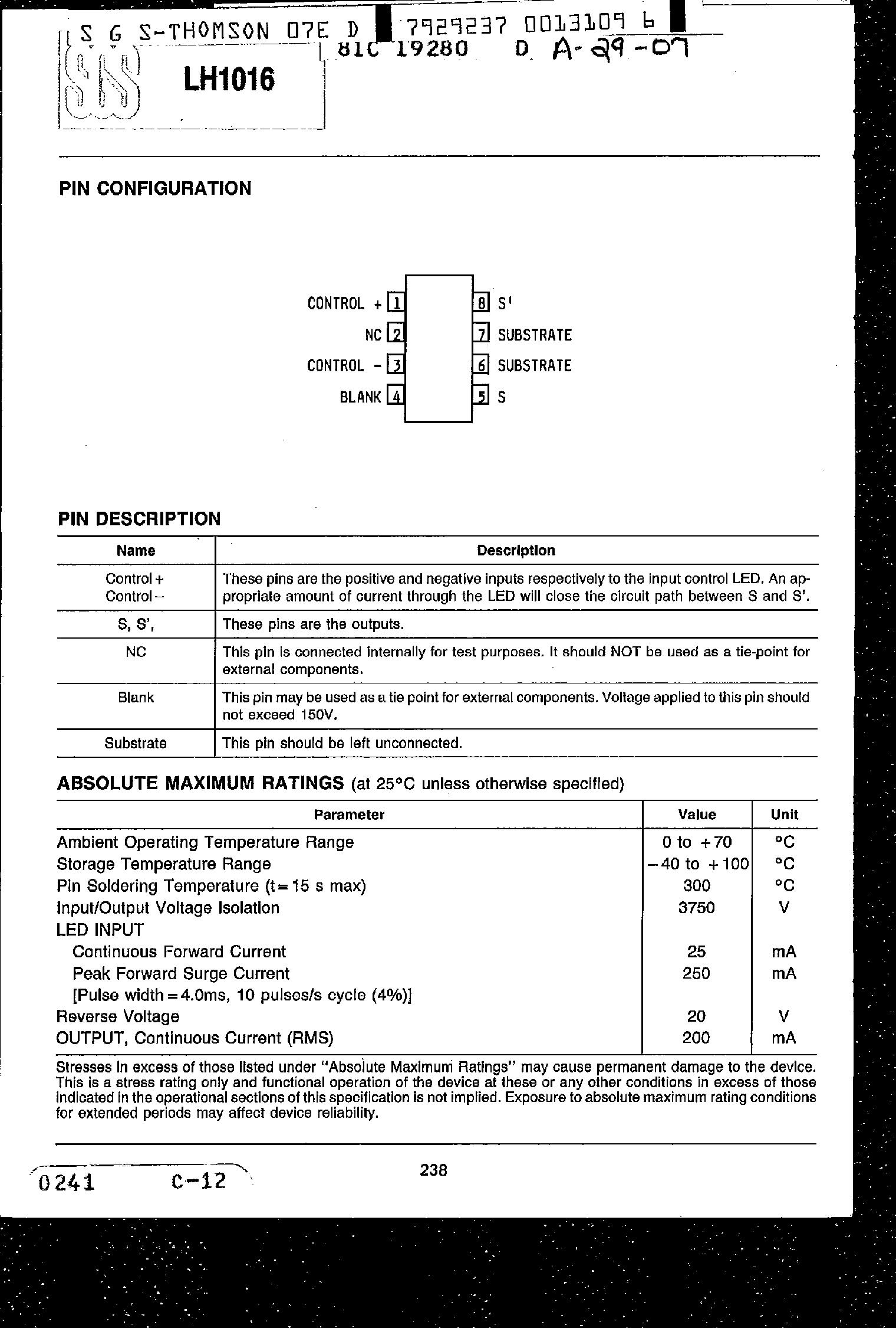 Даташит LH1016 - High Voltage Soild State AC/DC Relay страница 2
