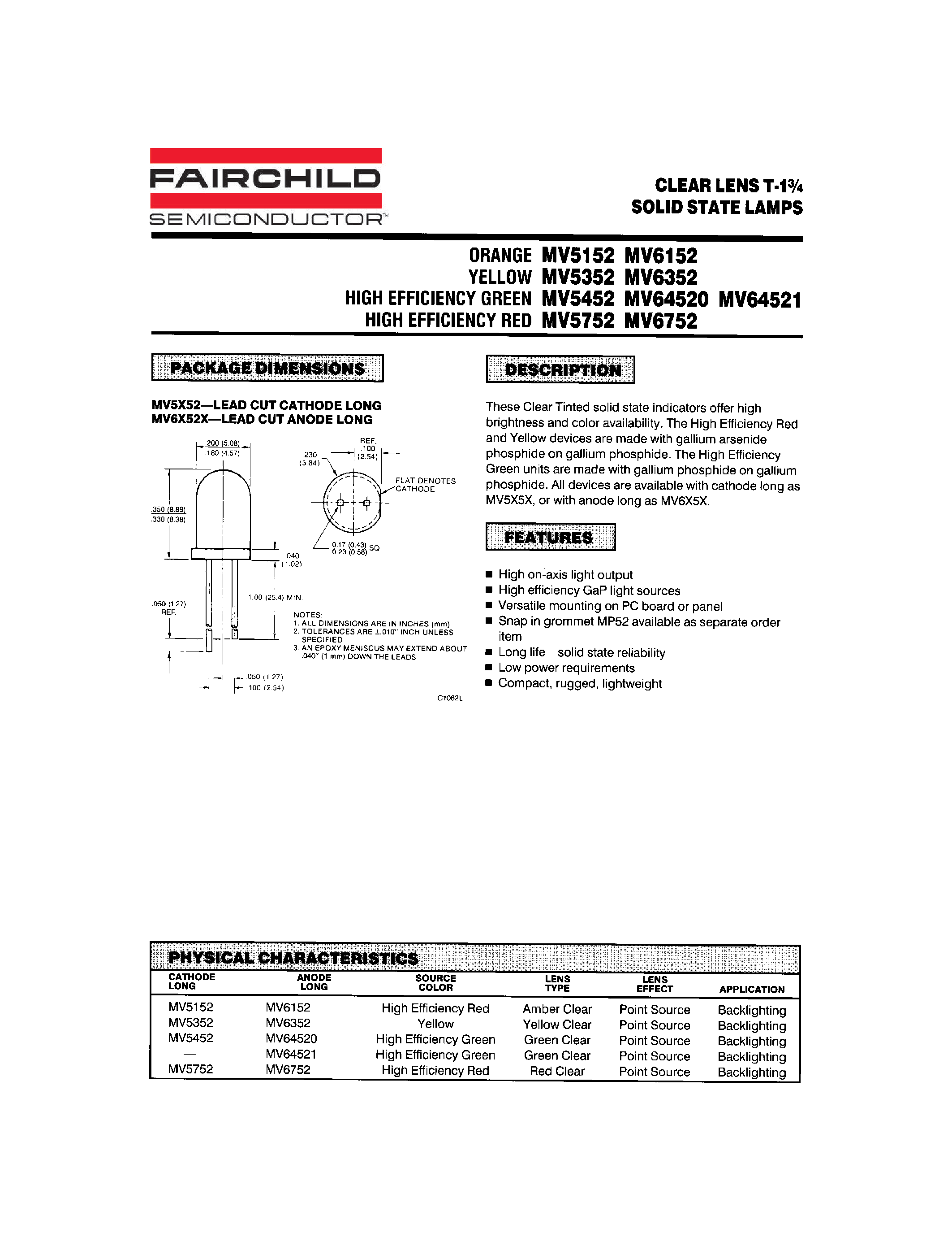 Даташит MV6152 - (MV6xxx) CLEAR LENS T-1/4 SOLID STATE LAMPS страница 1