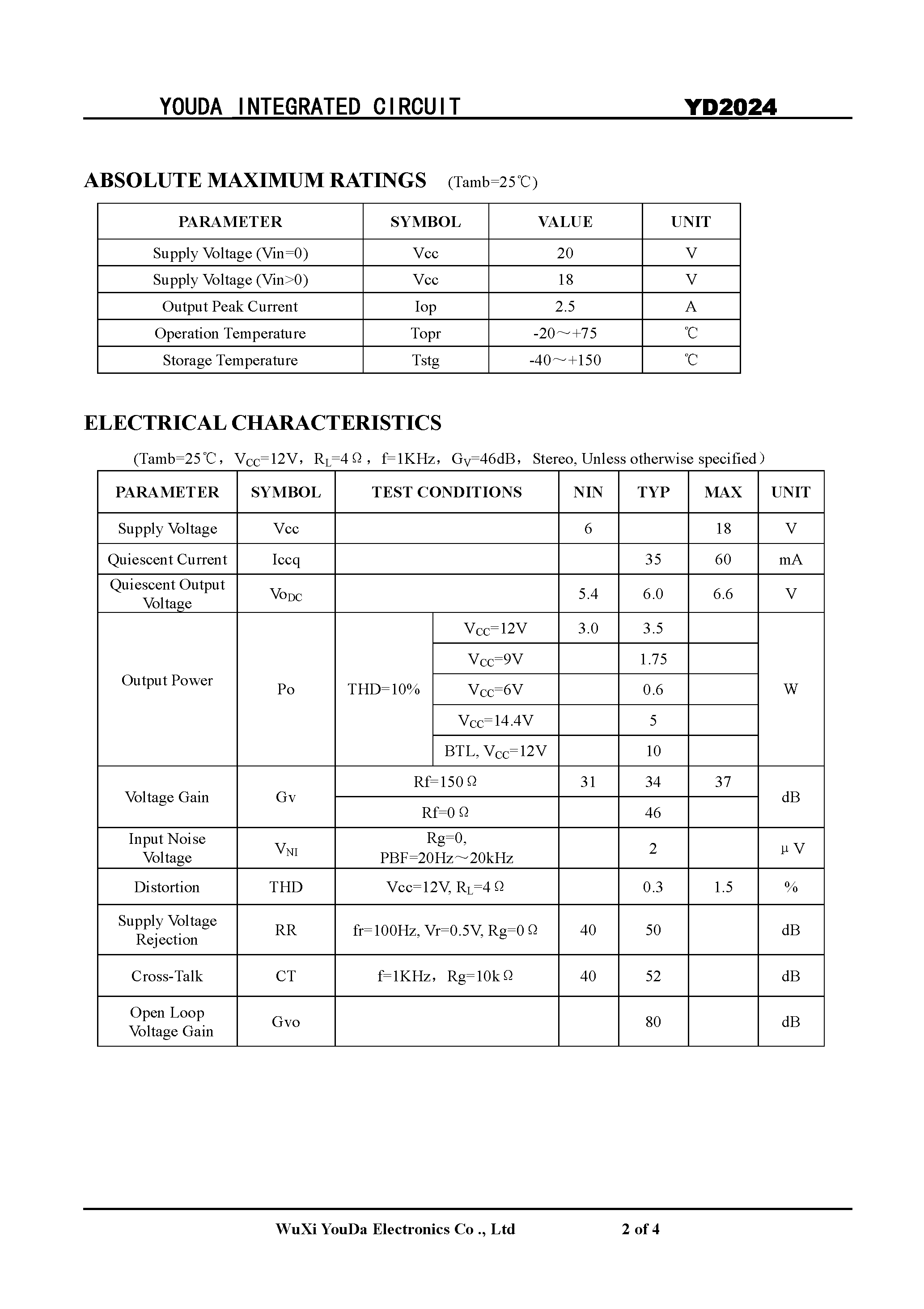 Даташит YD2024 - 3.5W Stereo Audio Amplifier страница 2