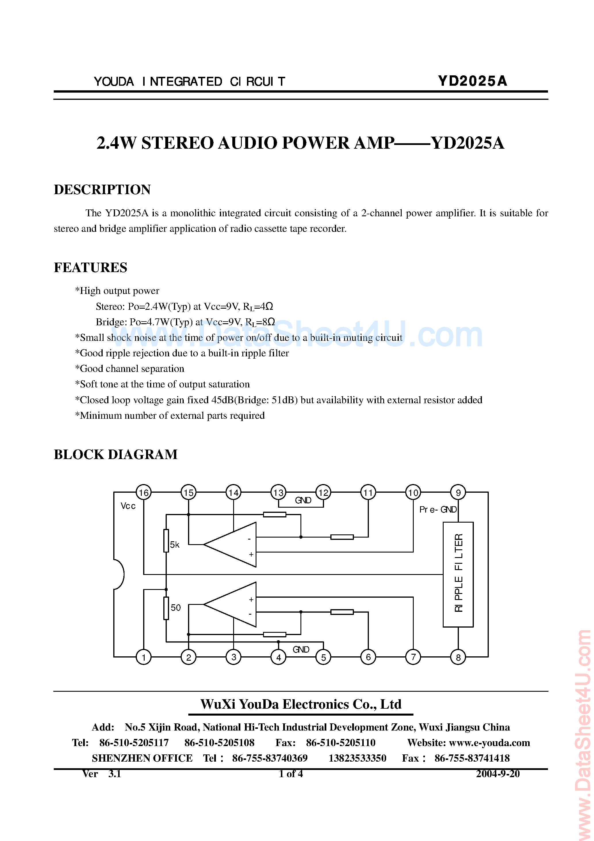 Даташит YD2025A - 2.4W Stereo Audio Power Amplifier страница 1