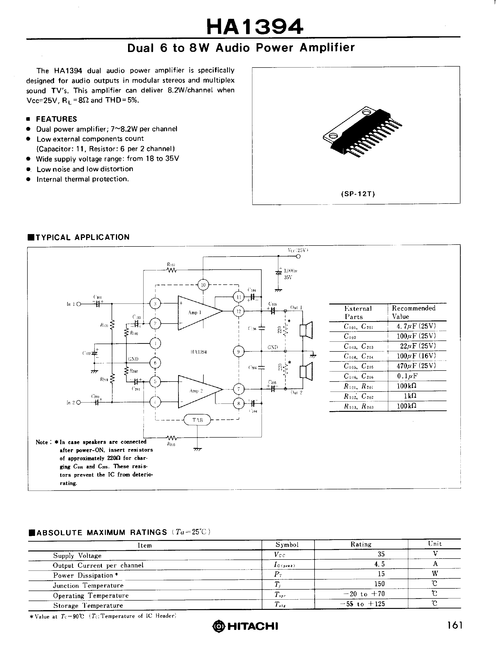 Даташит HA1394 - DUAL 6 TO 8 W AUDIO POWER AMPLIFIER страница 1