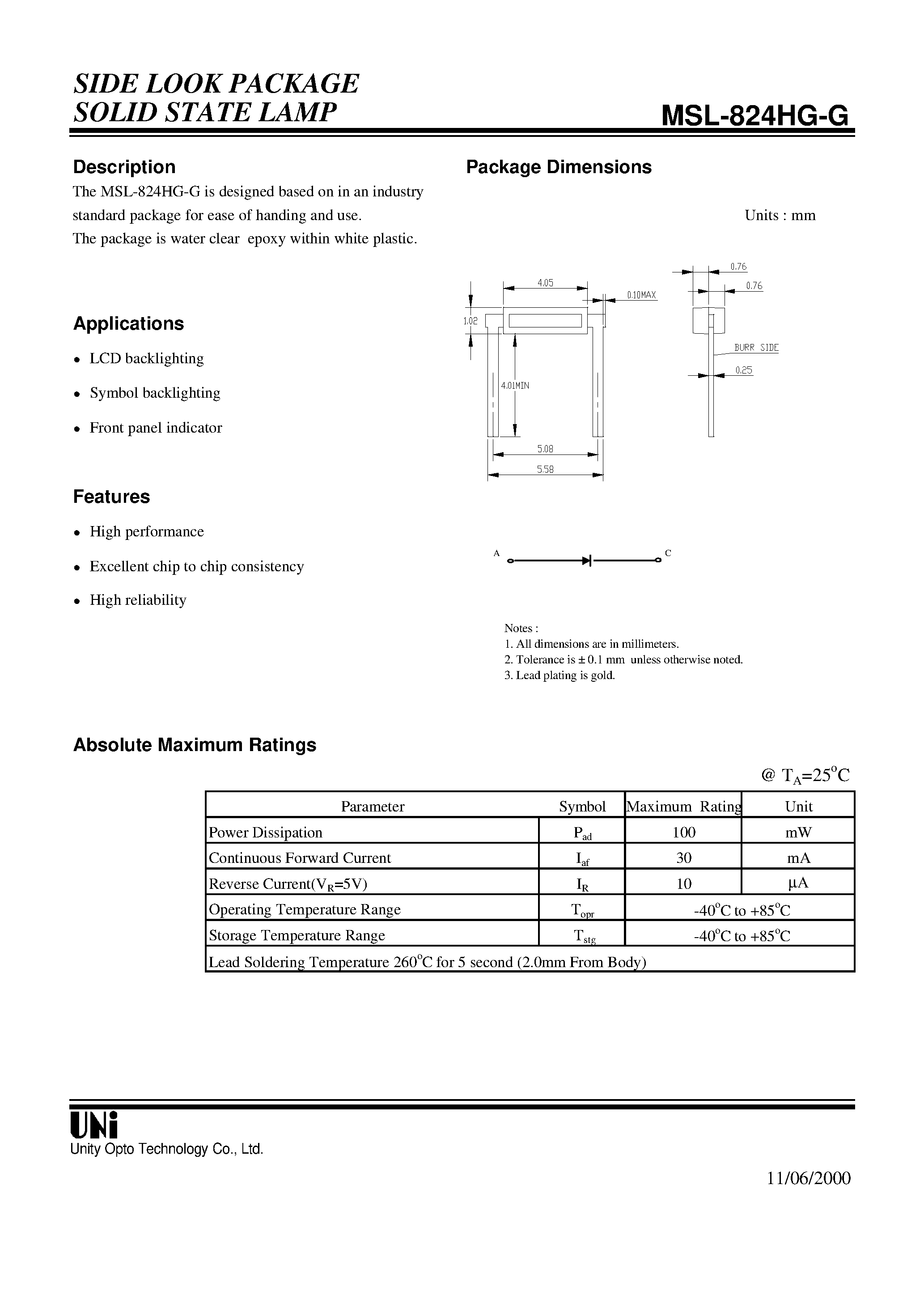 Даташит MSL-824HG-G - SIDE LOOK PACKAGE SOLID STATE LAMP страница 1