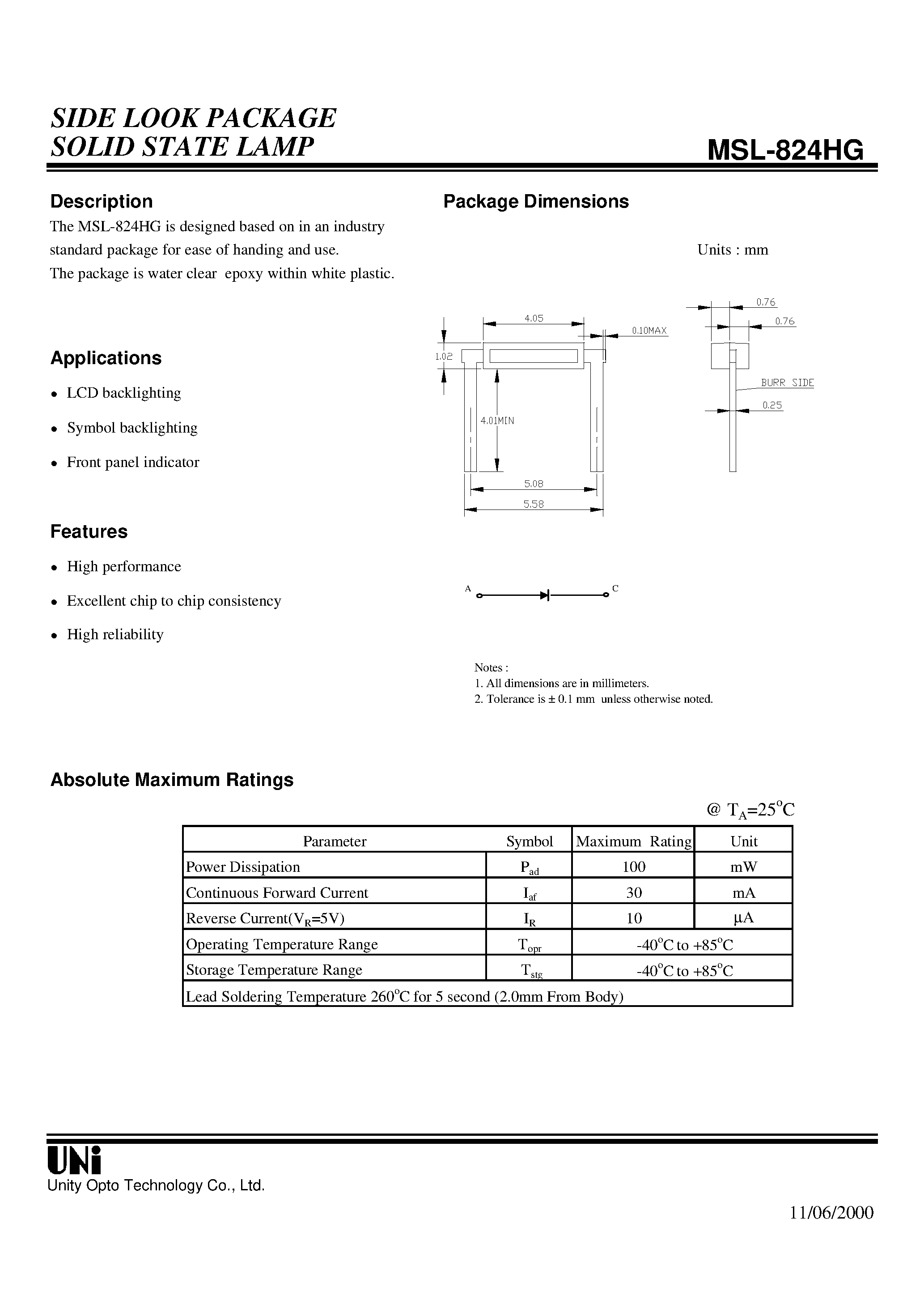 Datasheet MSL-824HG - SIDE LOOK PACKAGE SOLID STATE LAMP page 1