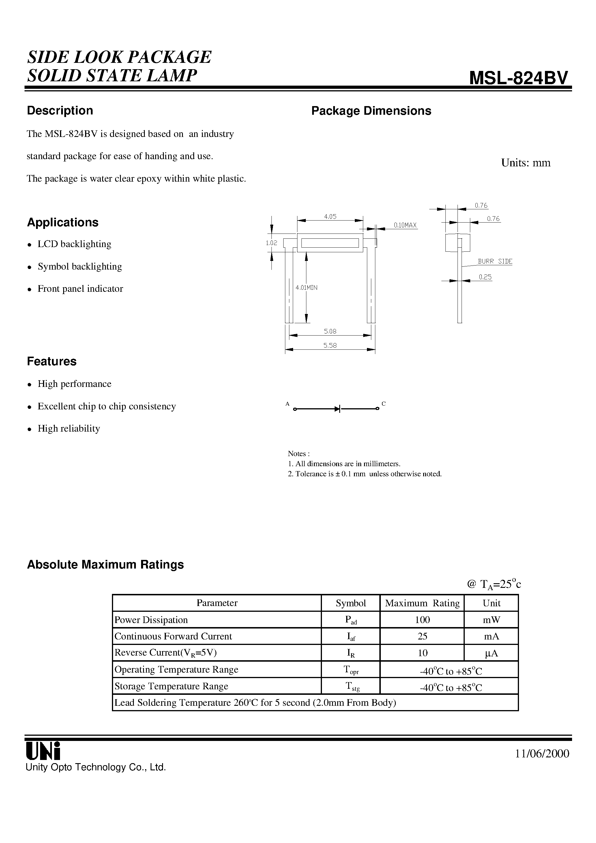 Datasheet MSL-824BV - SIDE LOOK PACKAGE SOLID STATE LAMP page 1