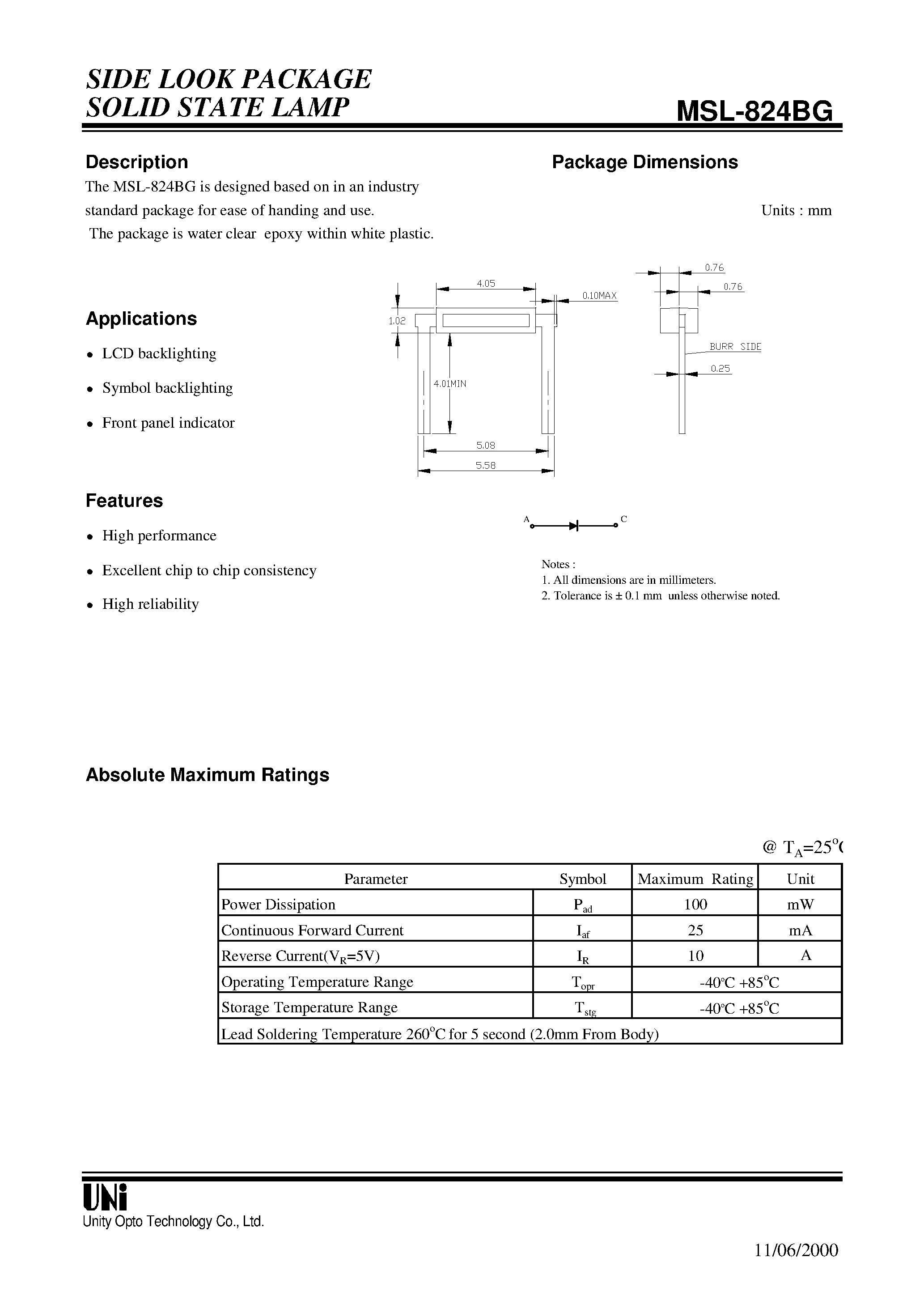 Datasheet MSL-824BG - SIDE LOOK PACKAGE SOLID STATE LAMP page 1