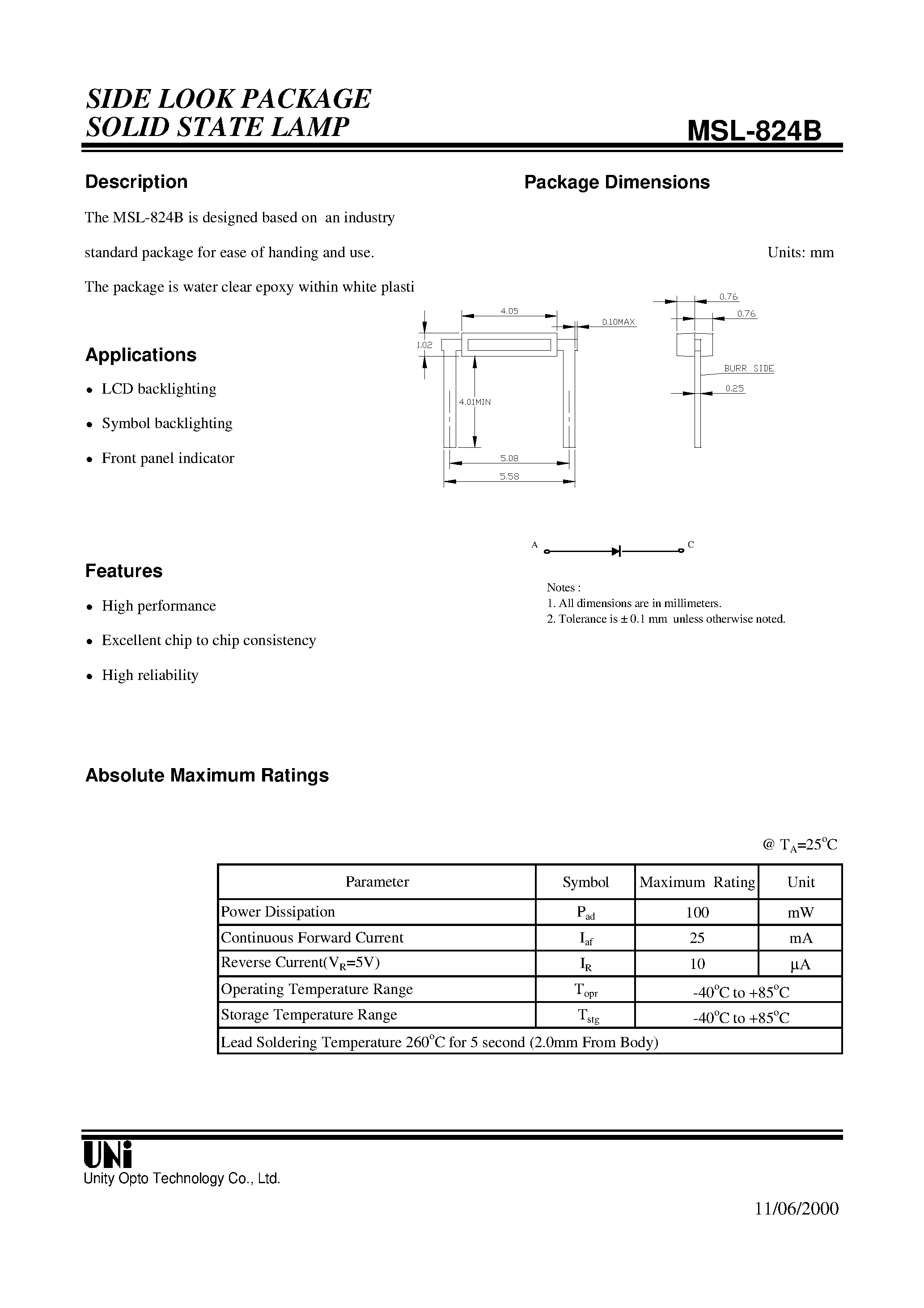 Datasheet MSL-824B - SIDE LOOK PACKAGE SOLID STATE LAMP page 1