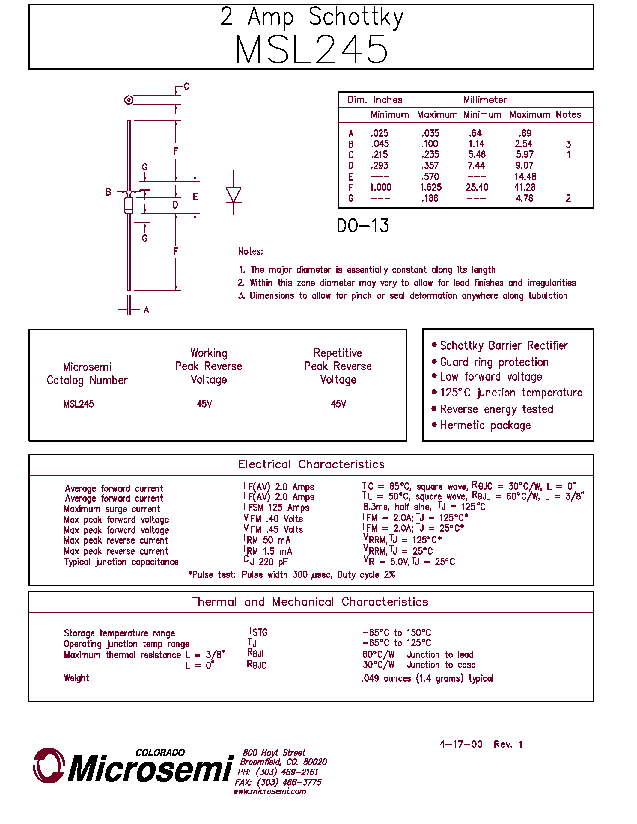 Datasheet MSL245 - 2 Amp Schottky page 1