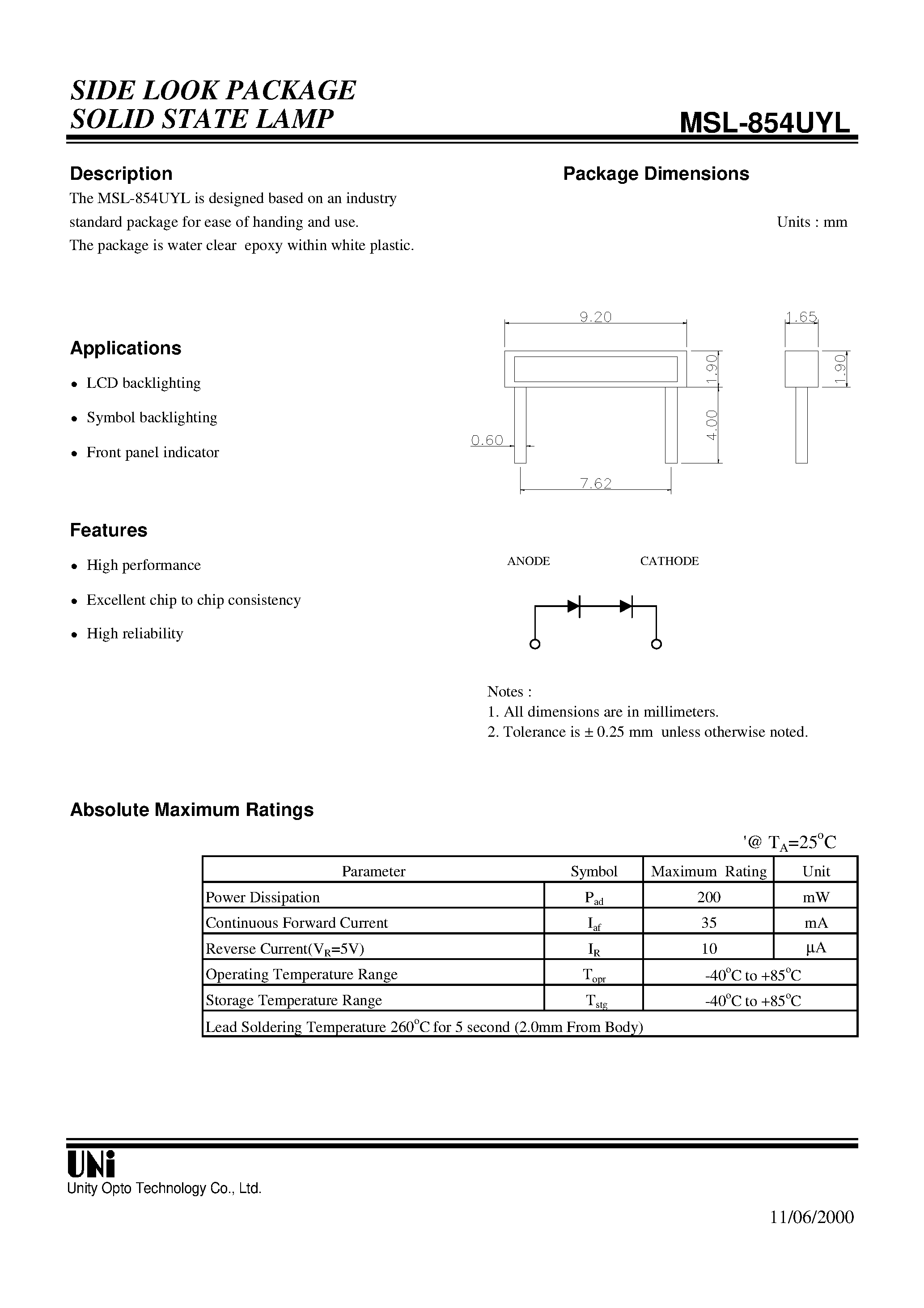 Datasheet MSL-854UYL - SIDE LOOK PACKAGE SOLID STATE LAMP page 1
