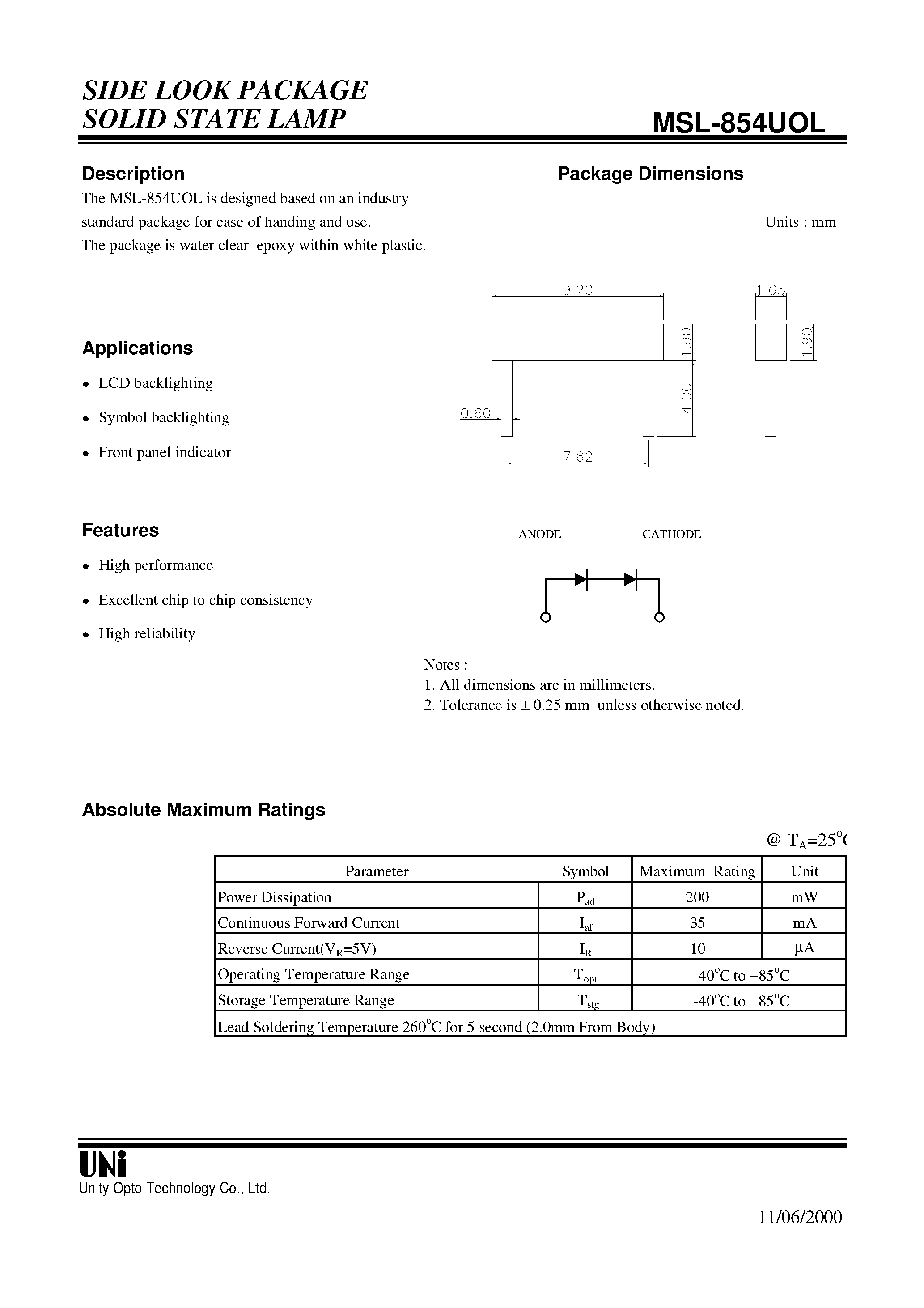 Datasheet MSL-854UOL - SIDE LOOK PACKAGE SOLID STATE LAMP page 1