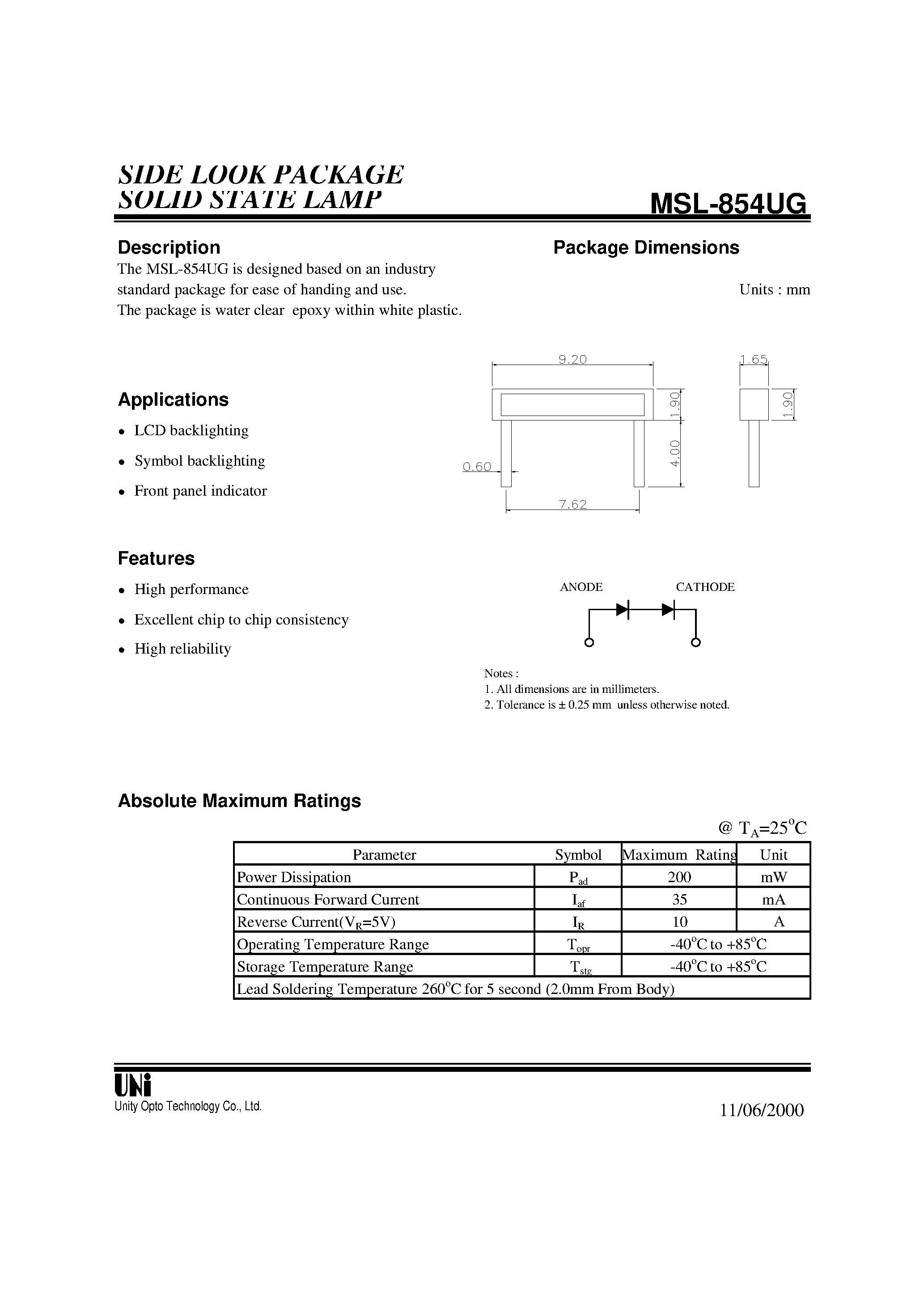 Datasheet MSL-854UG - SIDE LOOK PACKAGE SOLID STATE LAMP page 1