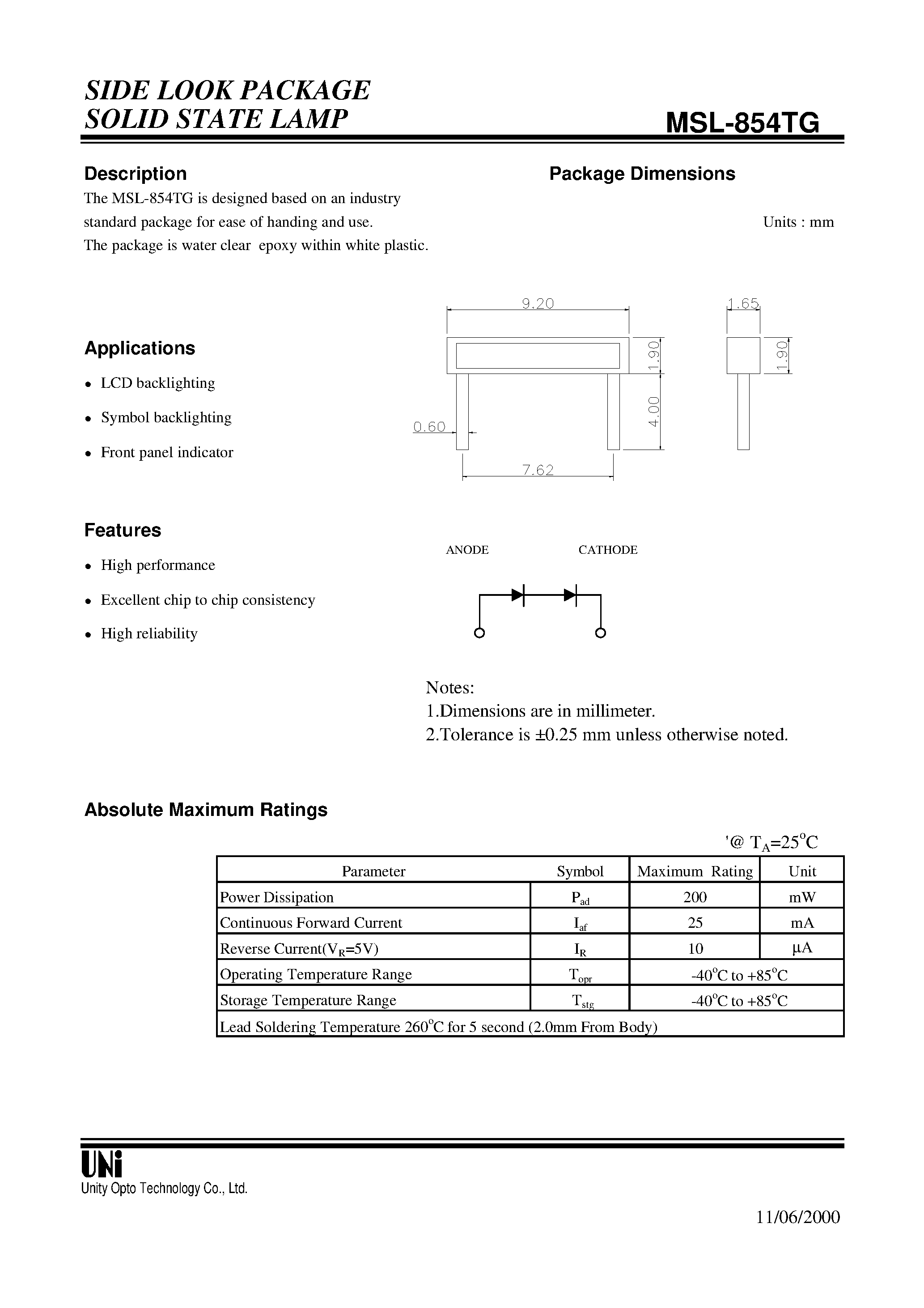 Datasheet MSL-854TG - SIDE LOOK PACKAGE SOLID STATE LAMP page 1